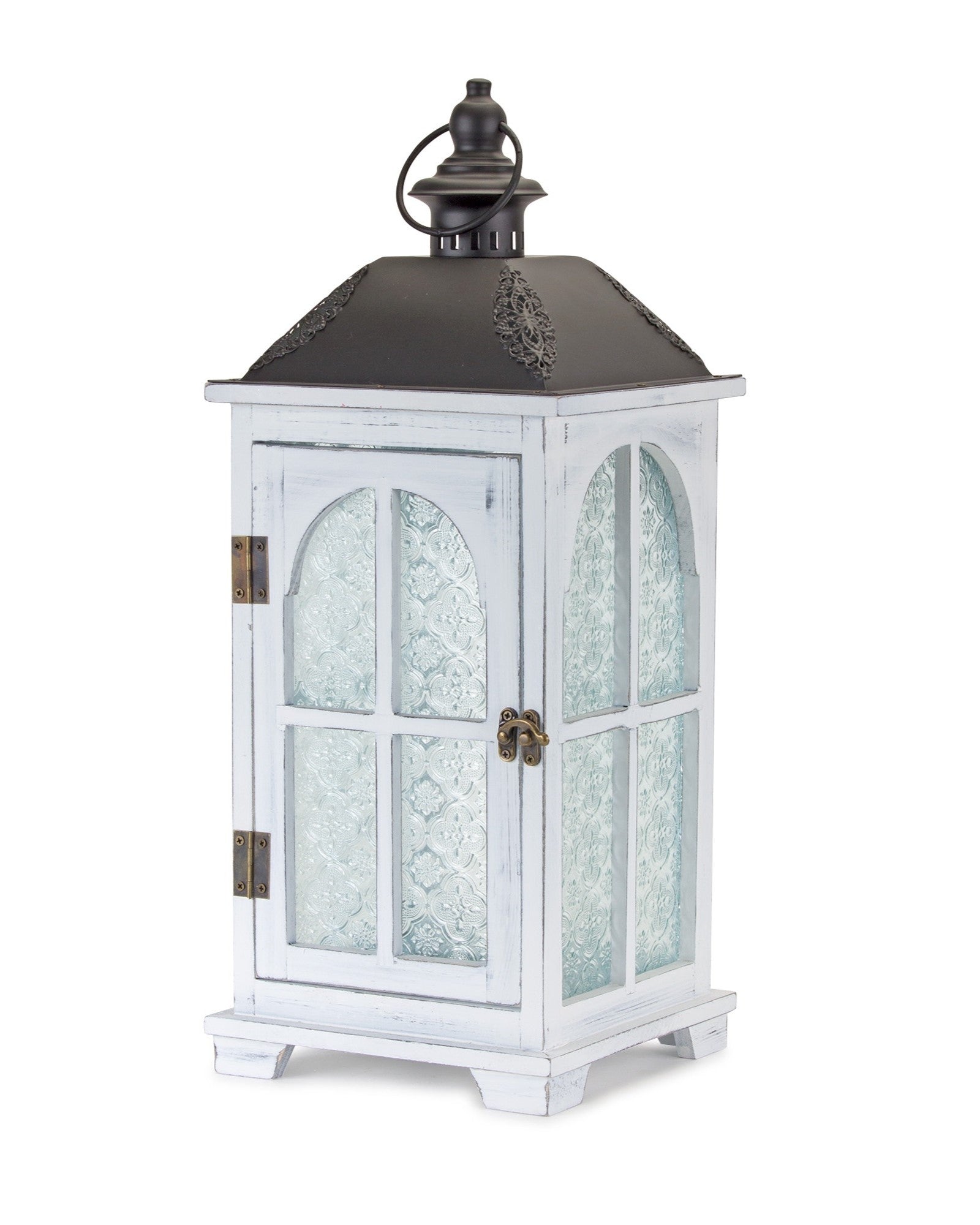 Set of Two White and Black Distressed Ornate Glass Wood and Metal Floor Lantern Candle Holders