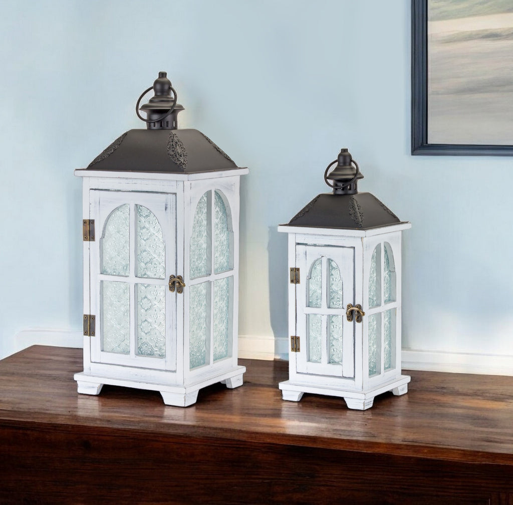 Set of Two White and Black Distressed Ornate Glass Wood and Metal Floor Lantern Candle Holders