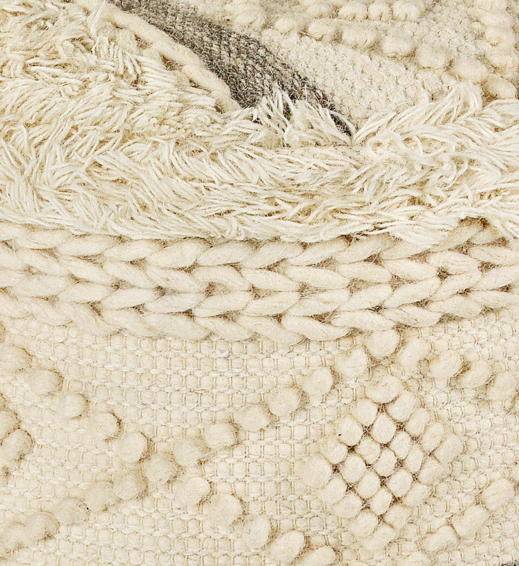 18" Cream Wool Cotton Blend Round Geometric Pouf Ottoman