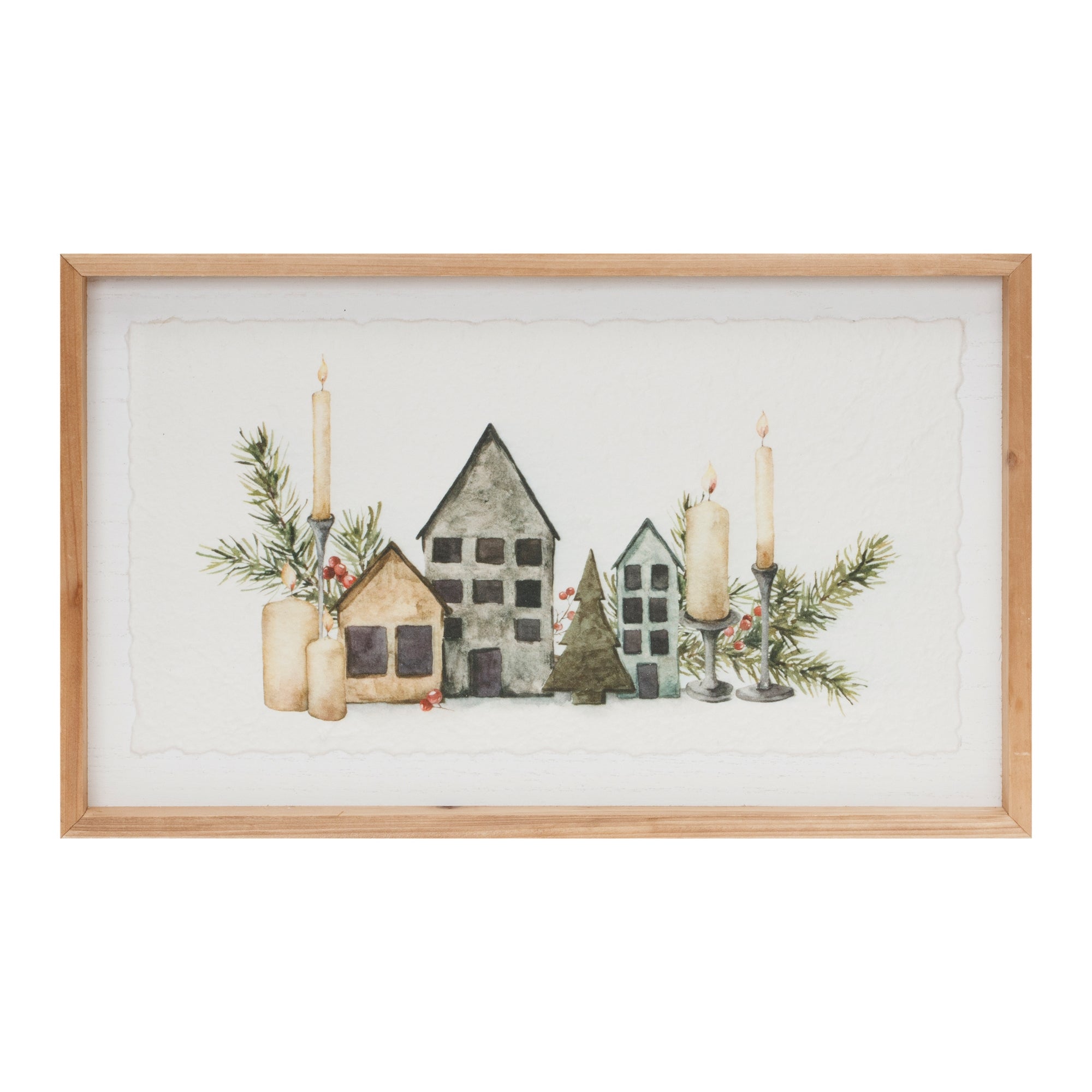 Wood Framed Winter Village Mantlescape Print 19"L SpadezStore