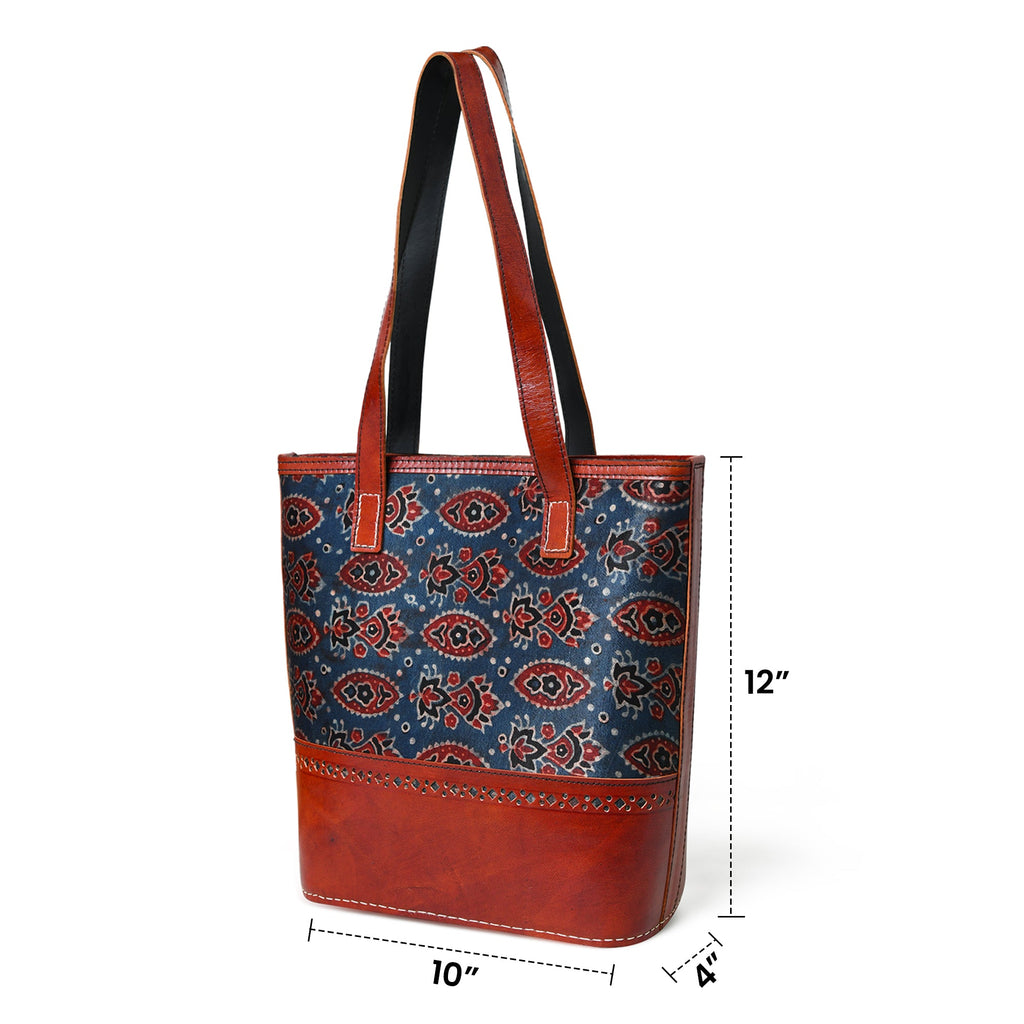Classy Leather Bags Neela Ajrakh Leather Tote Bag