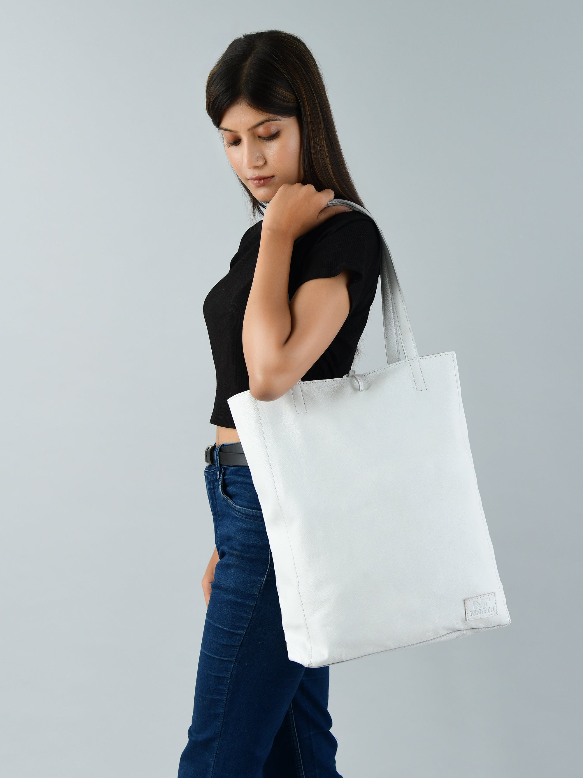 Classy Leather Bags White Leather Shoulder Tote Bag SpadezStore
