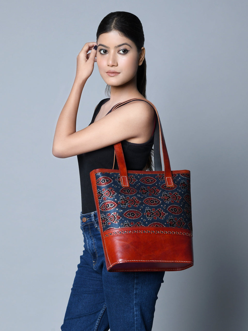 Classy Leather Bags Neela Ajrakh Leather Tote Bag