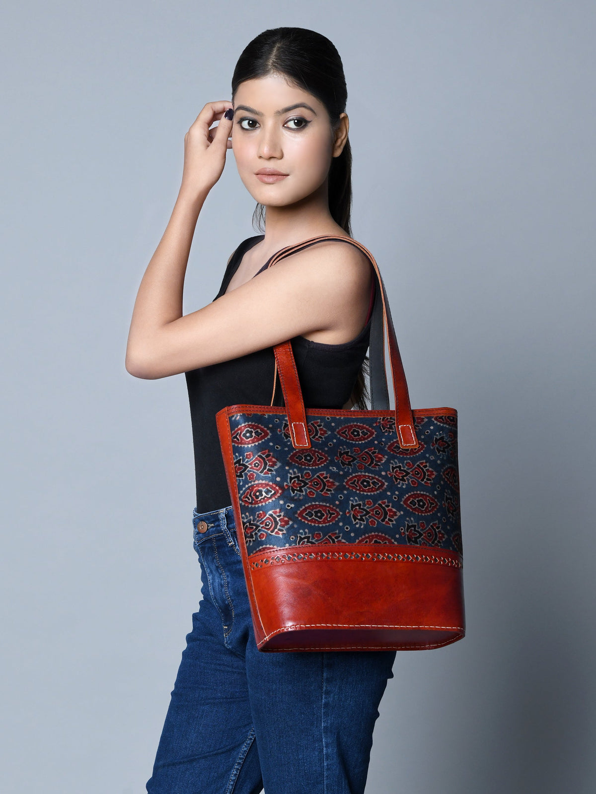 Classy Leather Bags Neela Ajrakh Leather Tote Bag