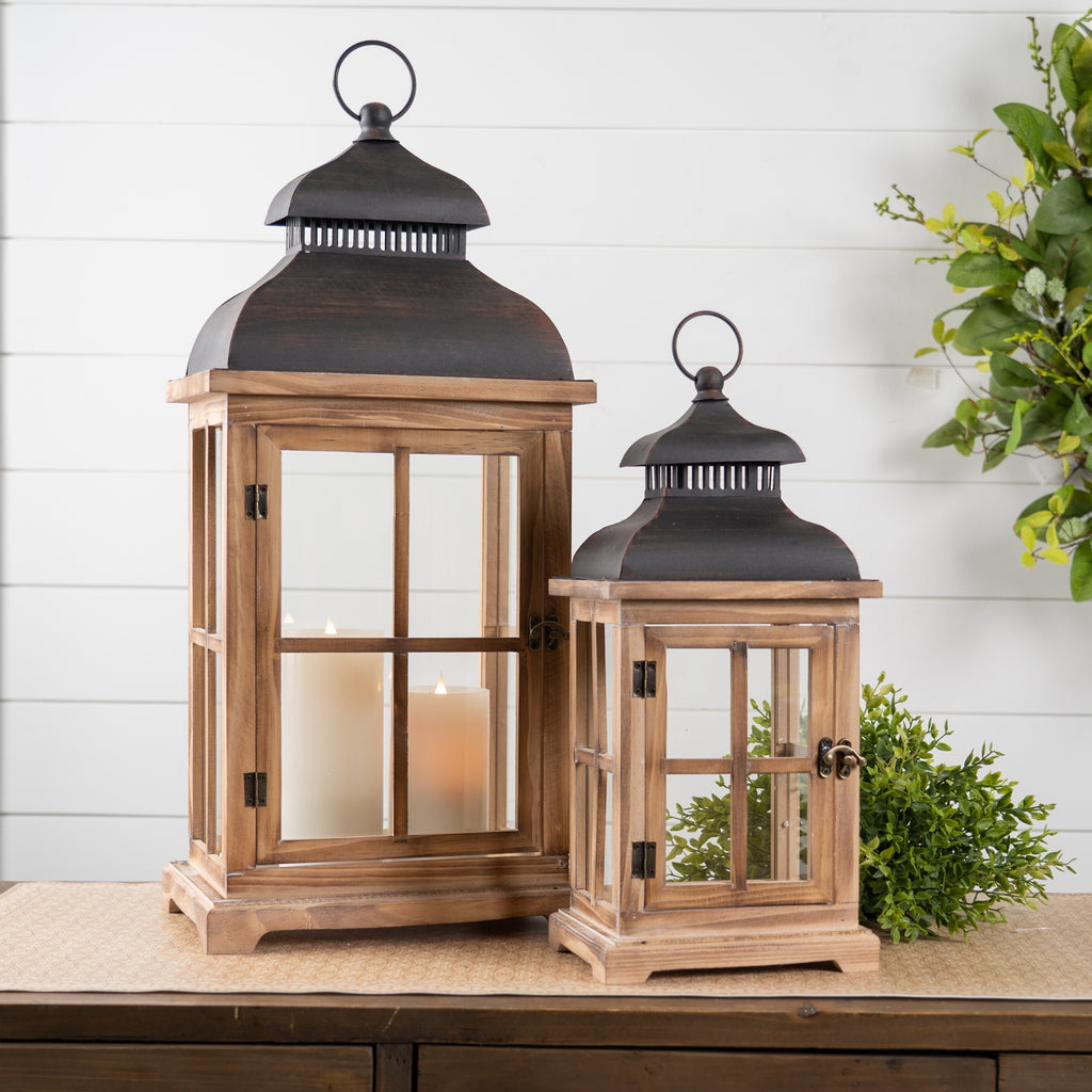 Rustic Wood and Metal Lantern Set of 2 SpadezStore