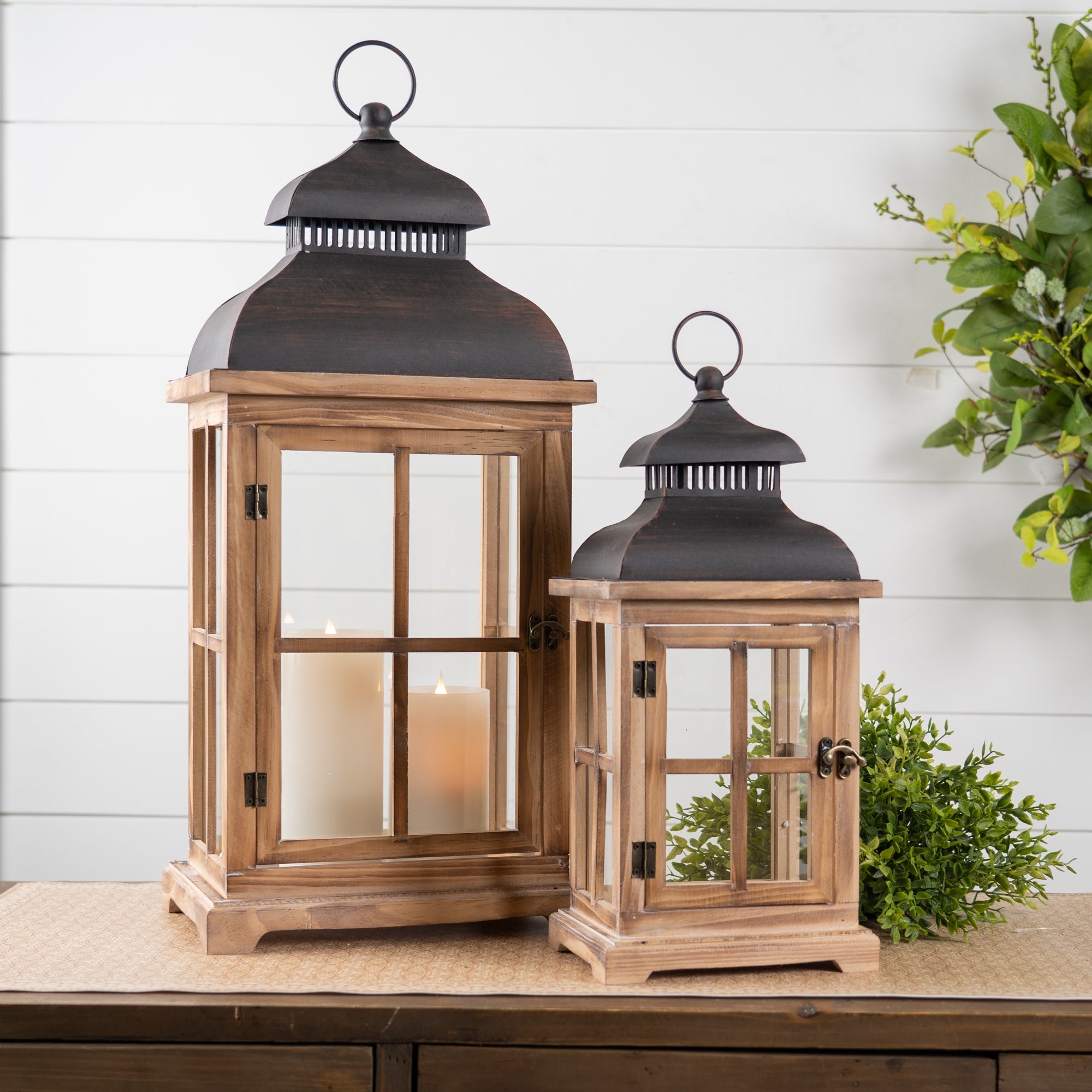 Rustic Wood and Metal Lantern Set of 2 SpadezStore