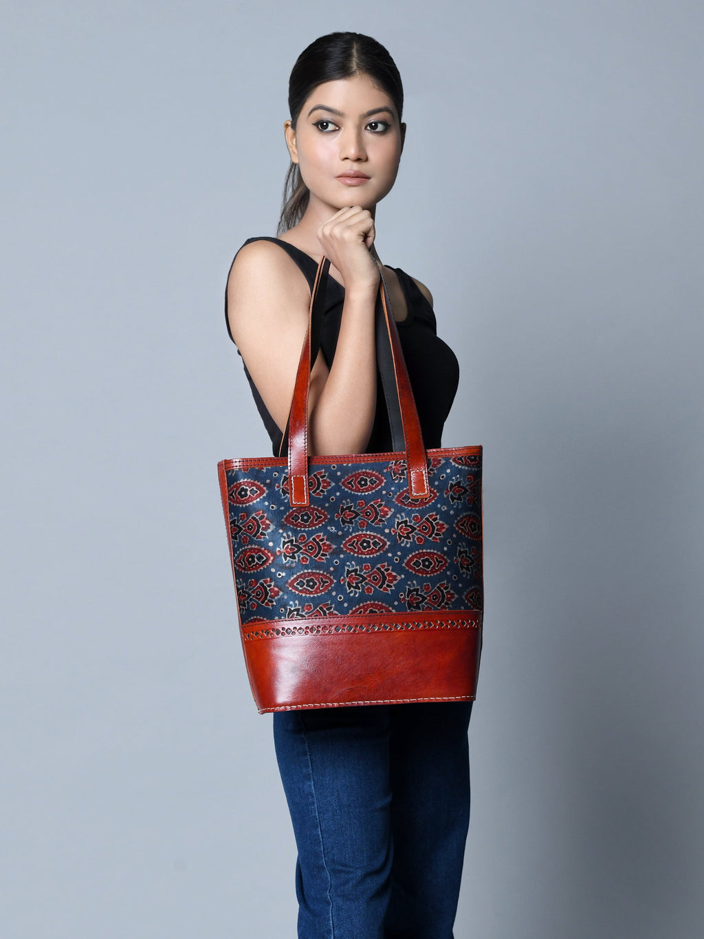 Classy Leather Bags Neela Ajrakh Leather Tote Bag