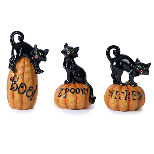 Black Cat on Pumpkin Figurine Set of 3 SpadezStore