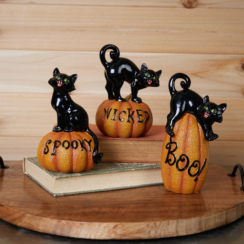Black Cat on Pumpkin Figurine Set of 3 SpadezStore