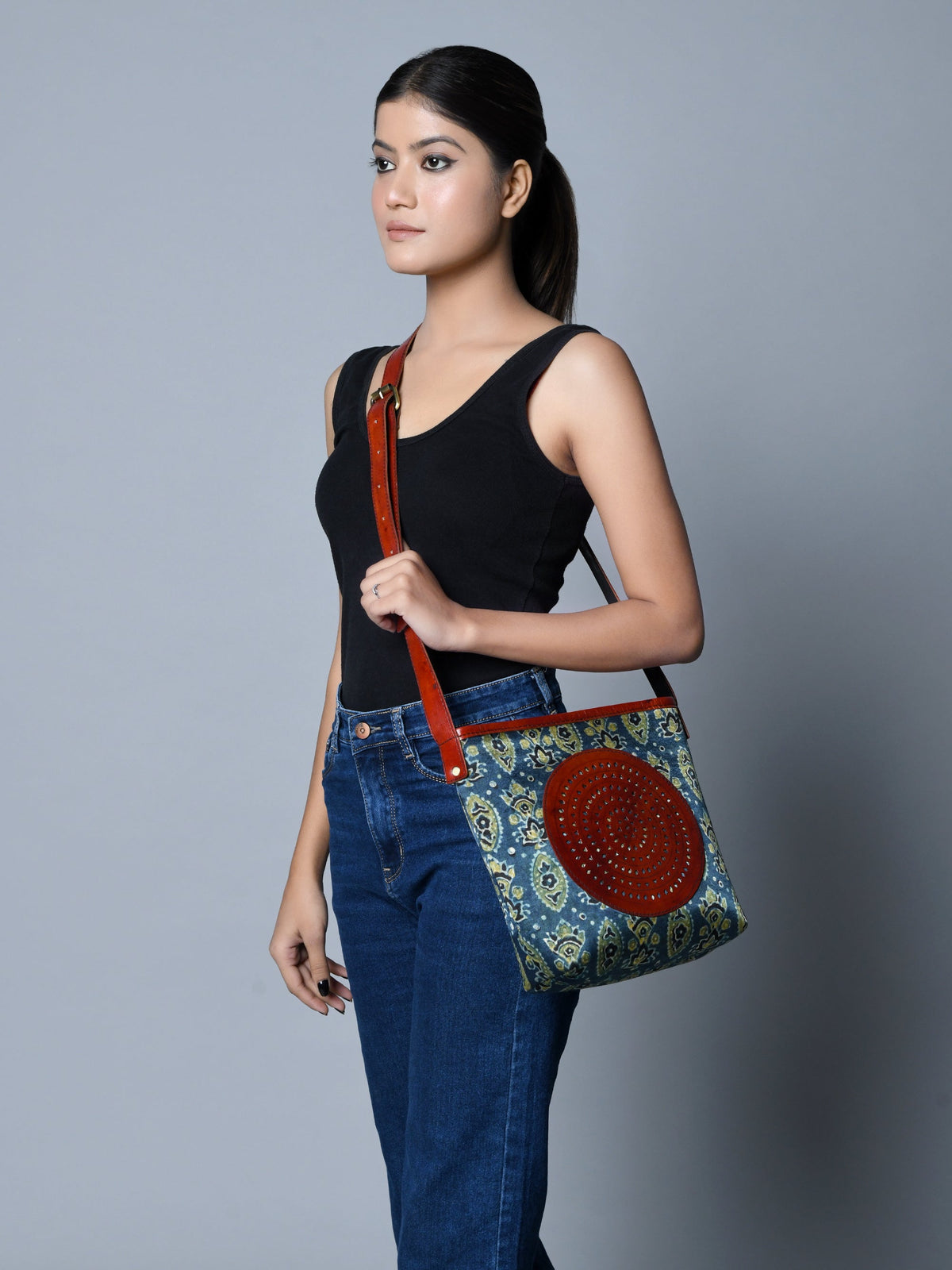 Classy Leather Bags Neela Ajrakh Leather Tote Bag