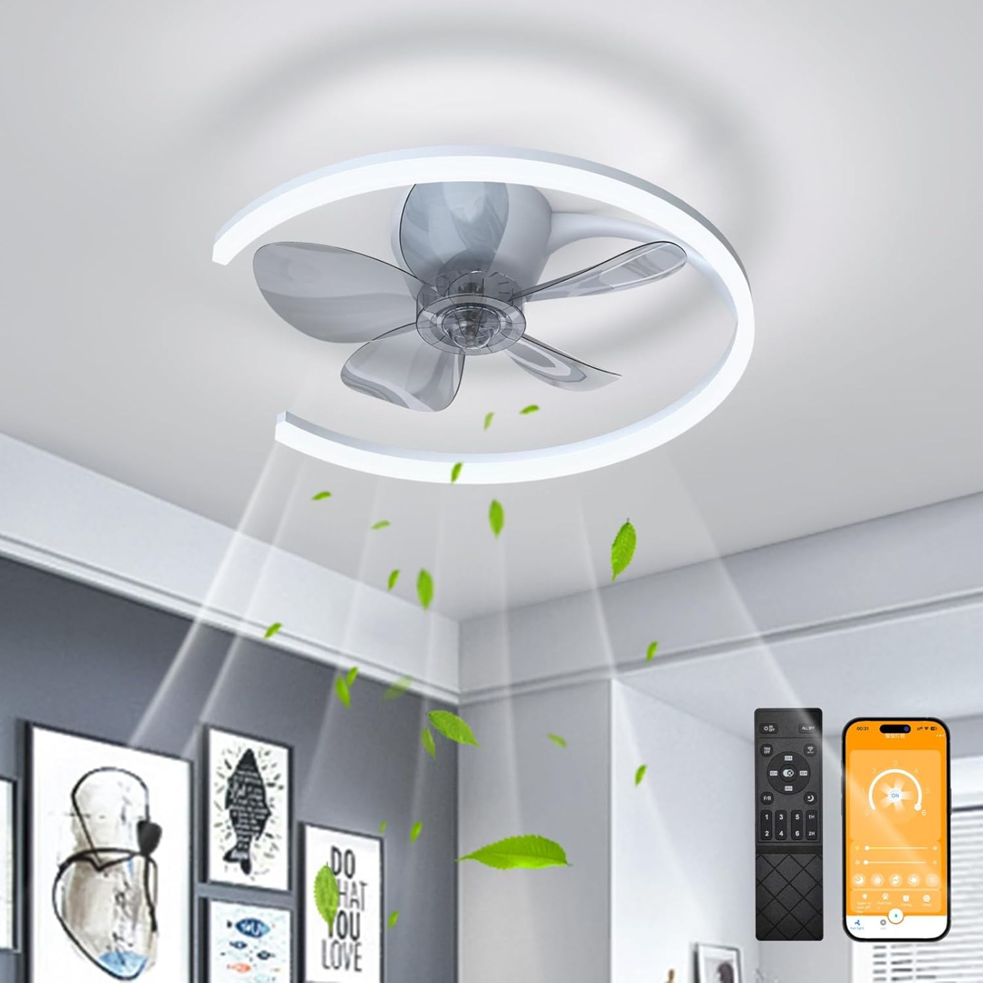 Blue and Gray Five Blade Dimmable Remote Control Integrated Light Ceiling Fan