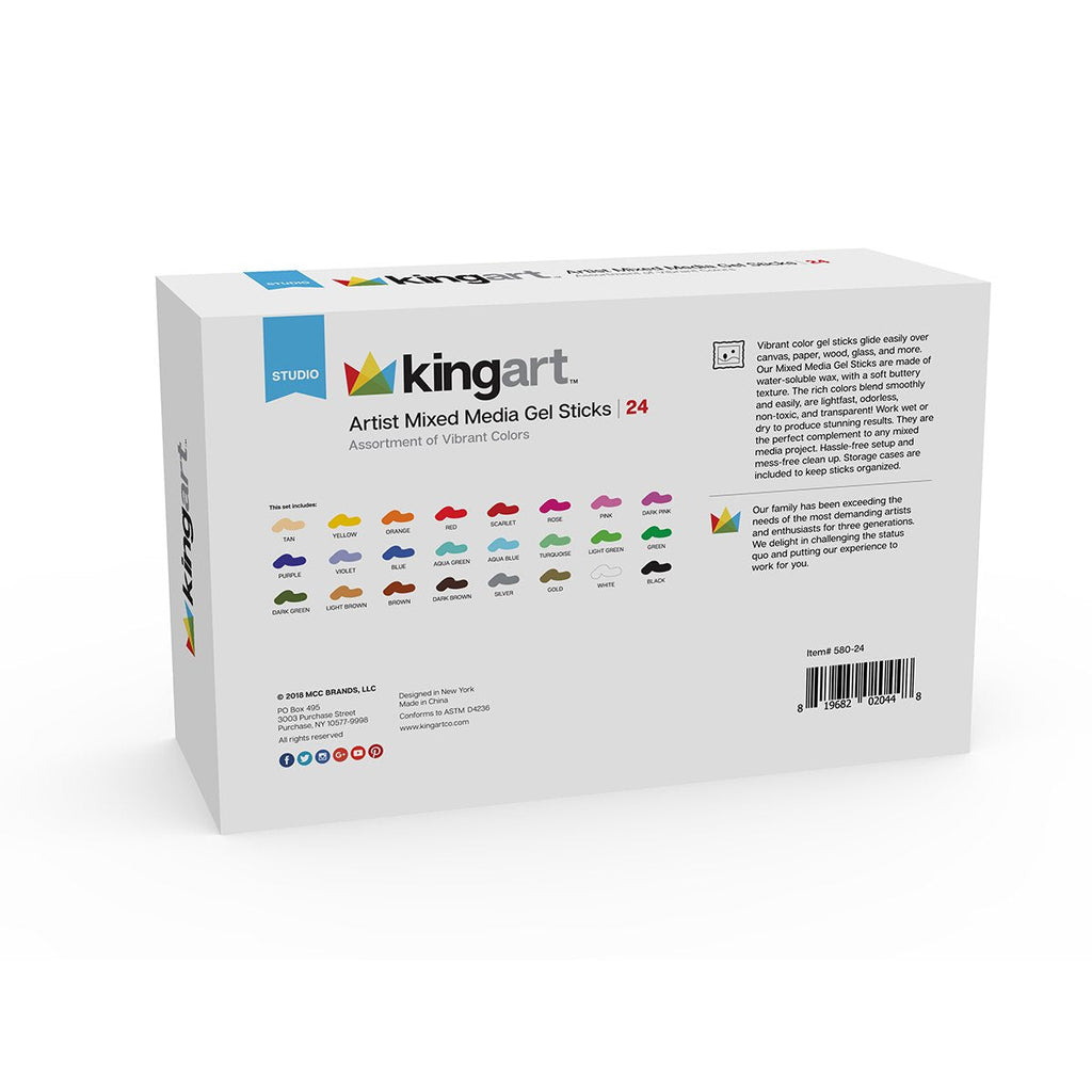 KINGART Mixed Media Gel Stick Crayons - 24 Colors