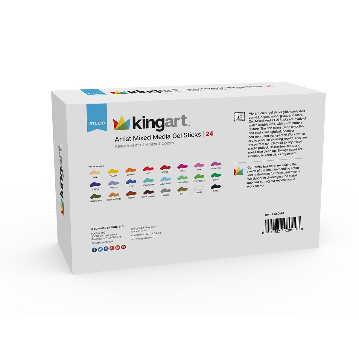 KINGART Mixed Media Gel Stick Crayons - 24 Colors