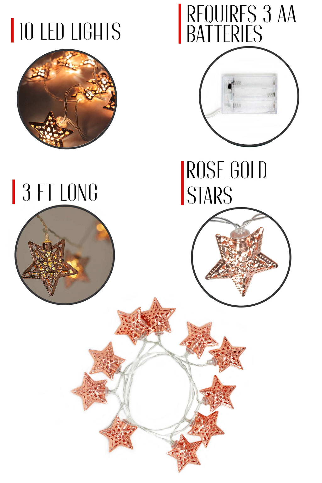 Perfect Holiday 10 LED String Light w/rose gold Small Metal Star B/O-Warm White SpadezStore