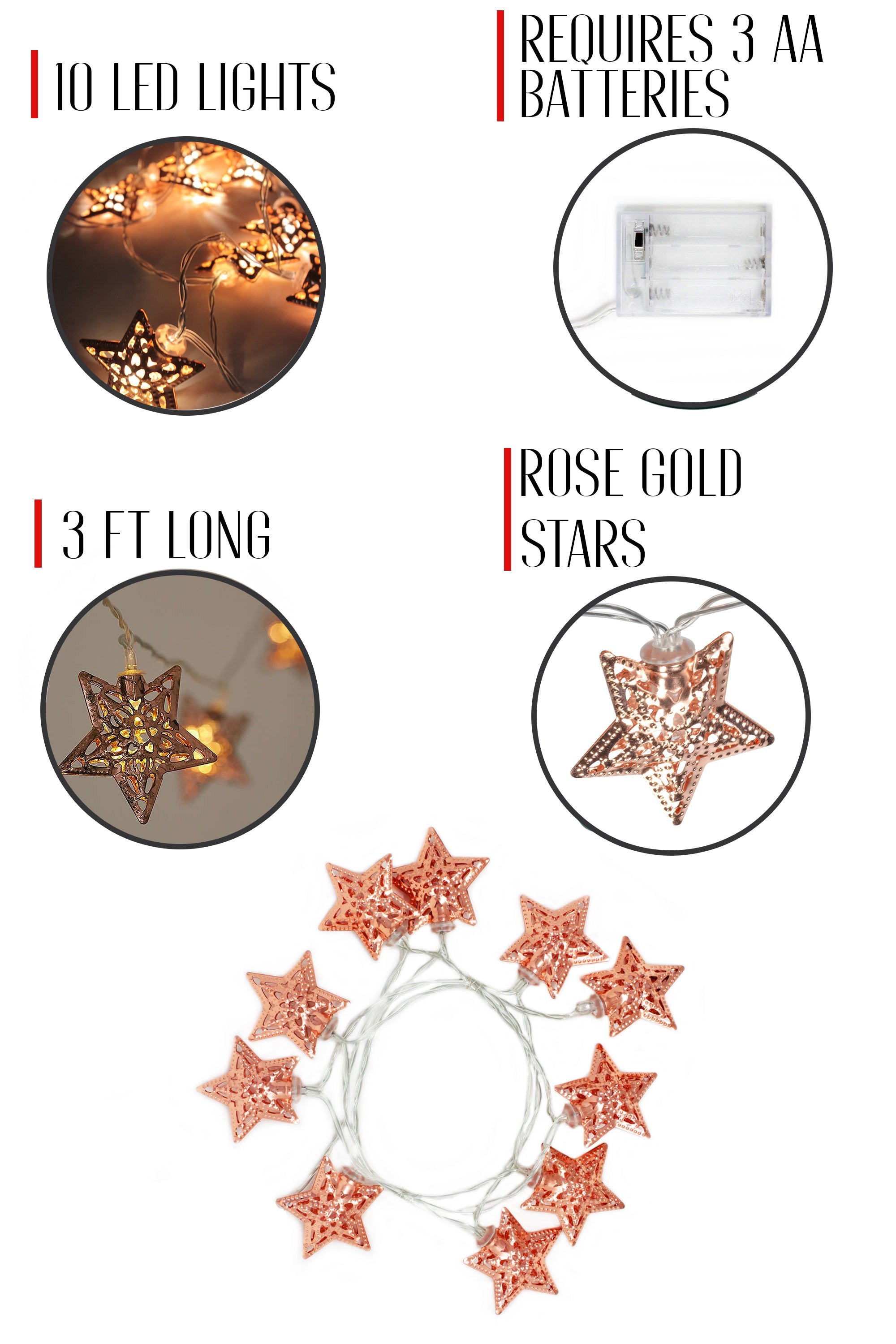 Perfect Holiday 10 LED String Light w/rose gold Small Metal Star B/O-Warm White SpadezStore