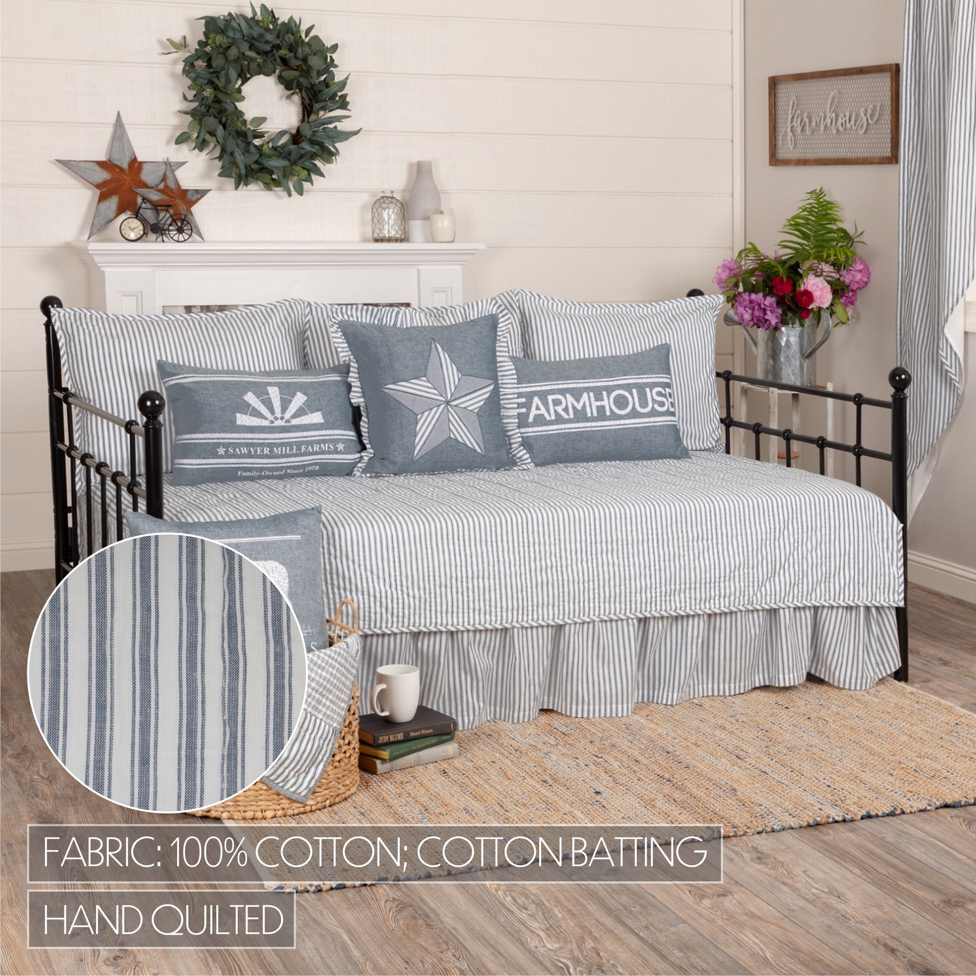 Sawyer Mill Blue Ticking Stripe 5pc Daybed Quilt Set 1 Quilt, 1 Bed Skirt, 3 Standard Shams SpadezStore