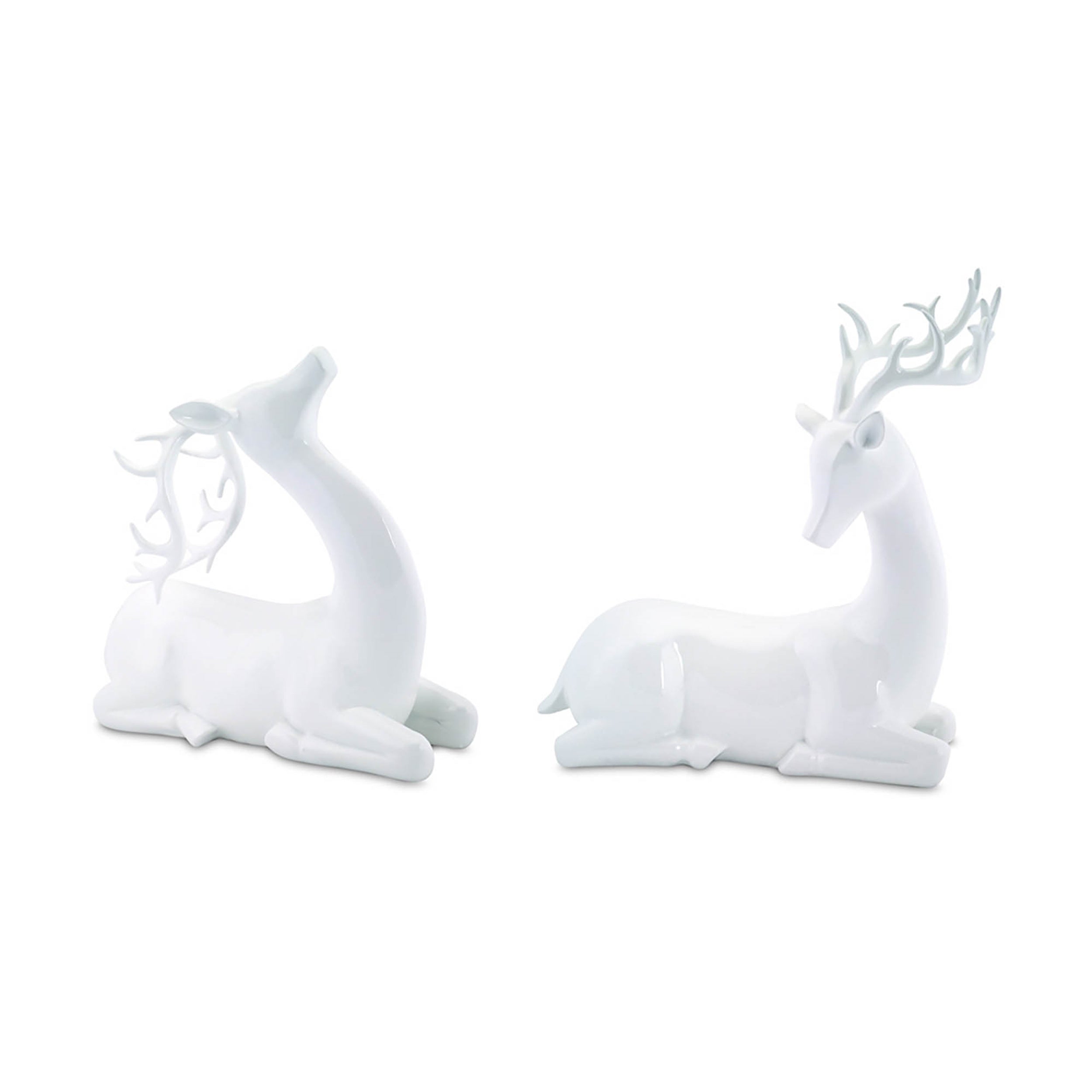 Modern White Stone Laying Deer Figurine Set of 2 SpadezStore