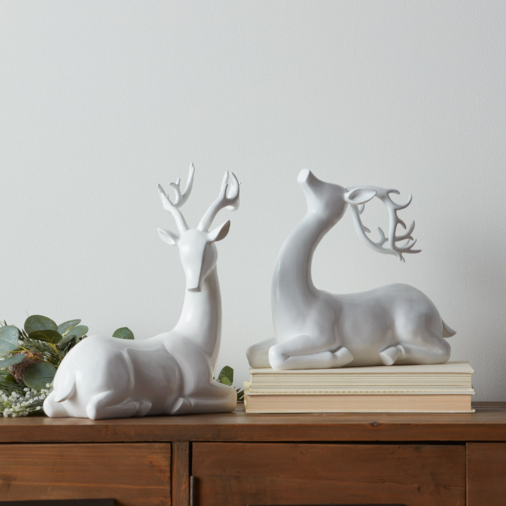 Modern White Stone Laying Deer Figurine Set of 2 SpadezStore