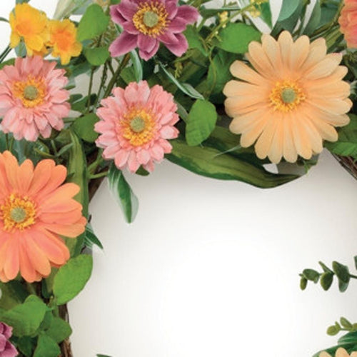 26" Green Orange and Pink Daisy Artificial Wreath