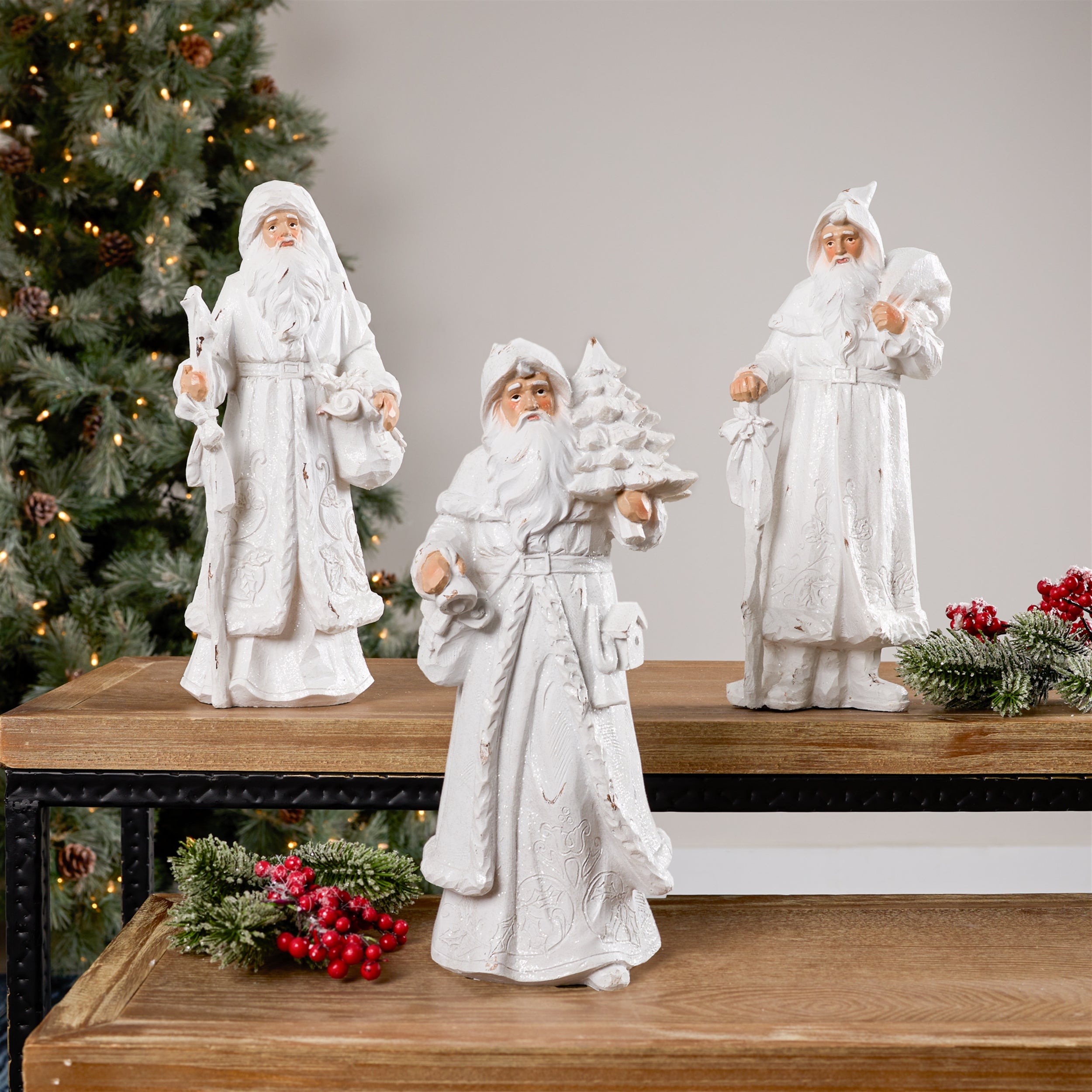Snowy White Winter Santa Figurine (Set of 3) - Thumbnail 3