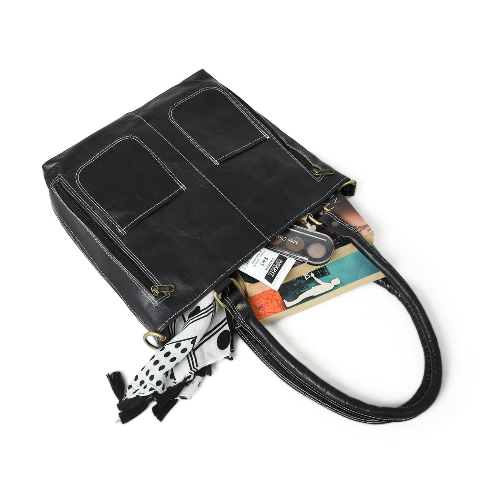 Classy Leather Bags Black Terry Tote SpadezStore