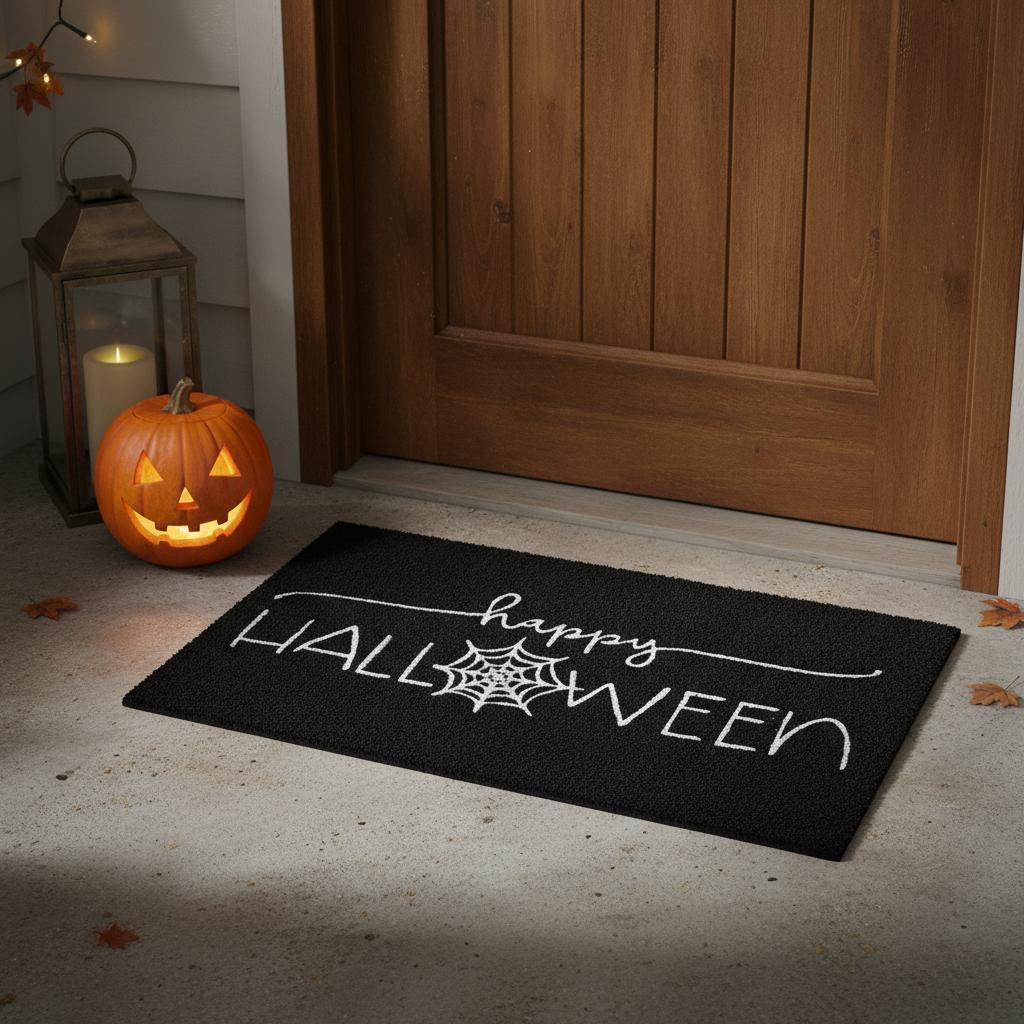 17" X 29" Black And White Happy Halloween Outdoor Coir Door Mat