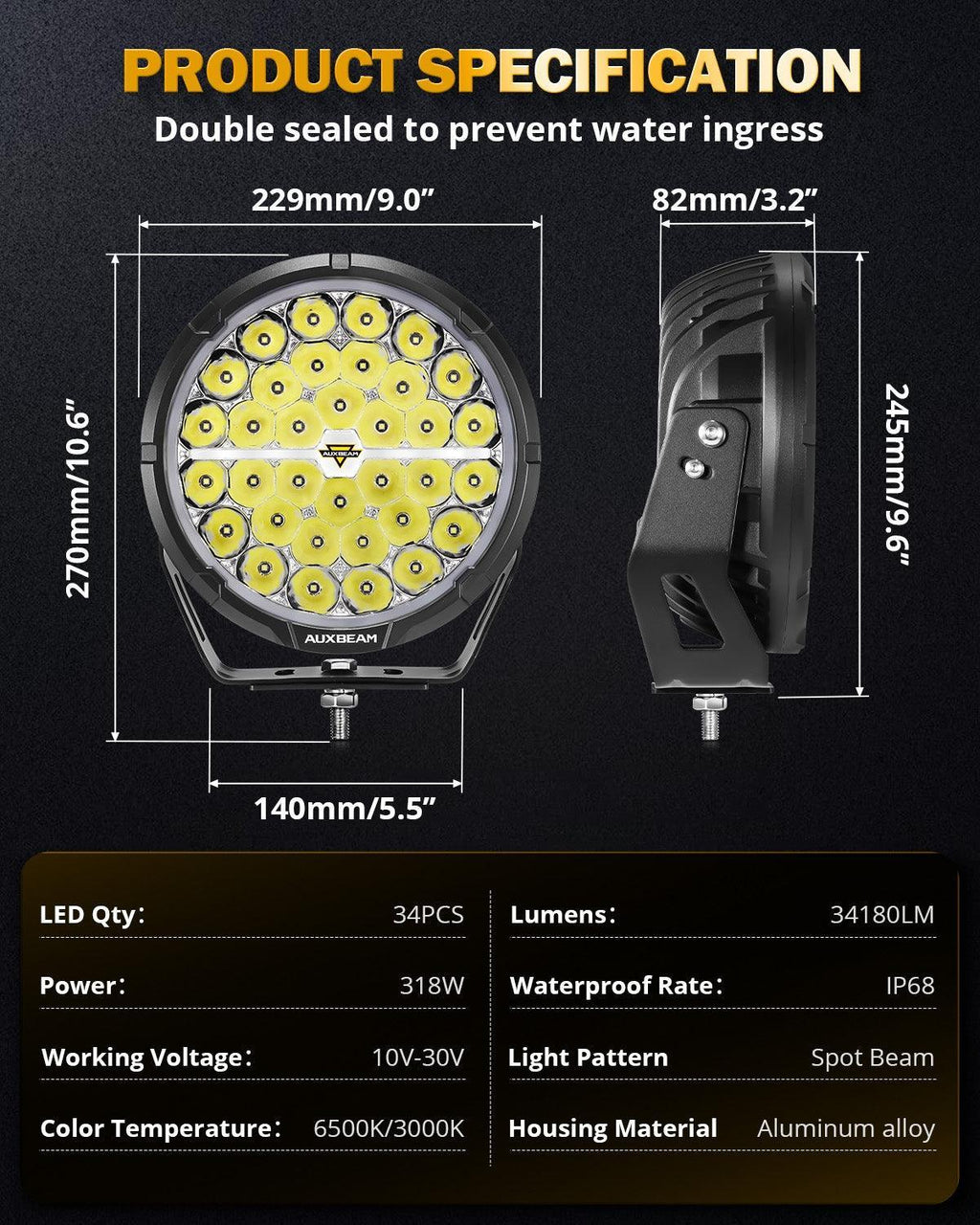 Auxbeam RAY-L Series | 9 Inch 318W 34180LM Dual DRL Offroad LED Driving Lights SpadezStore