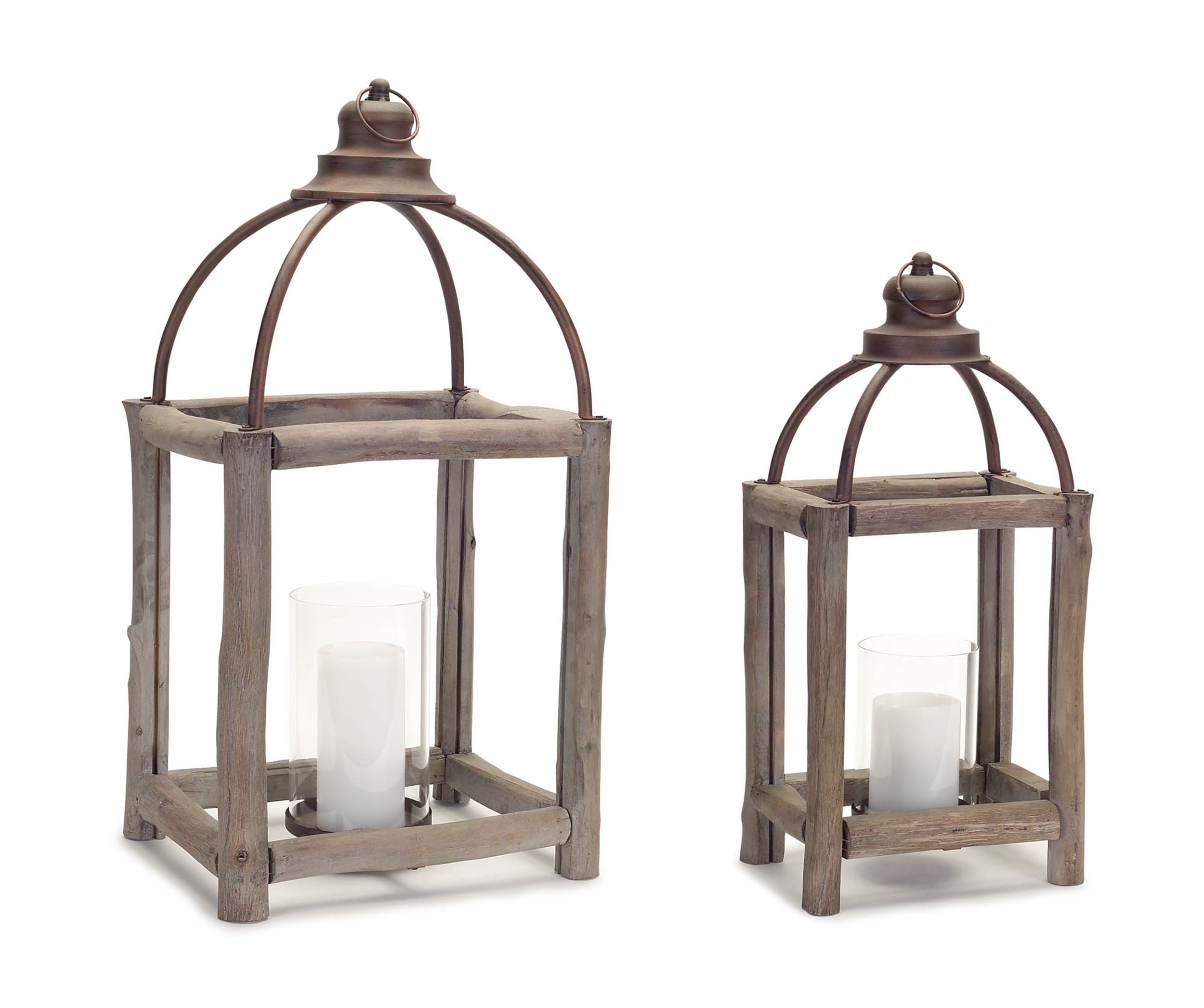 Rustic Wood Log and Antique Metal Lantern with Glass Hurricane Set of 2 SpadezStore
