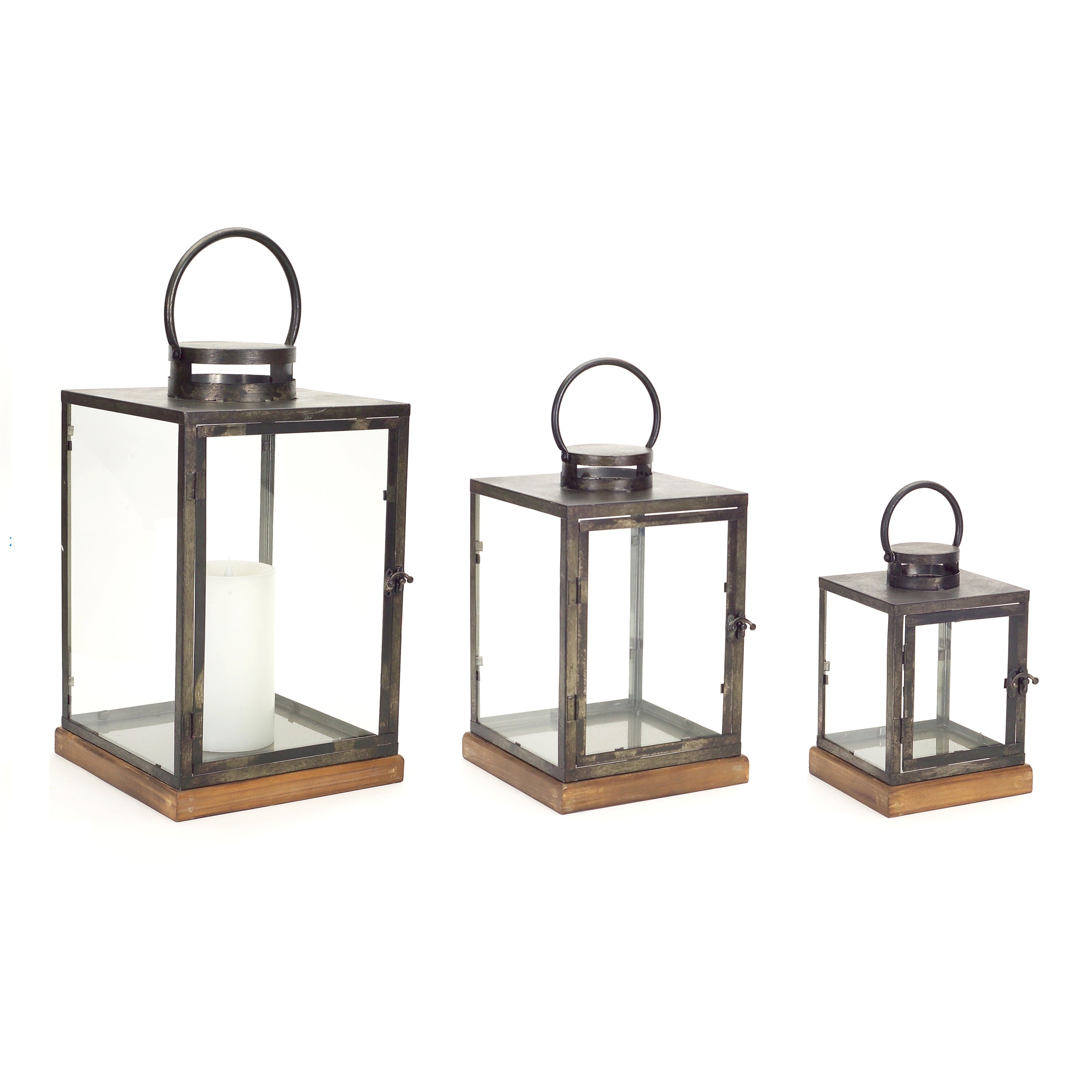 Metal Box Lantern with Wood Base Set of 3