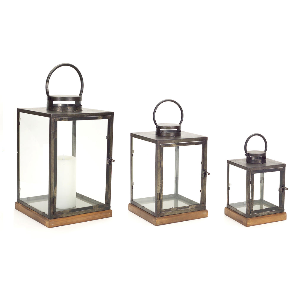 Metal Box Lantern with Wood Base Set of 3 SpadezStore