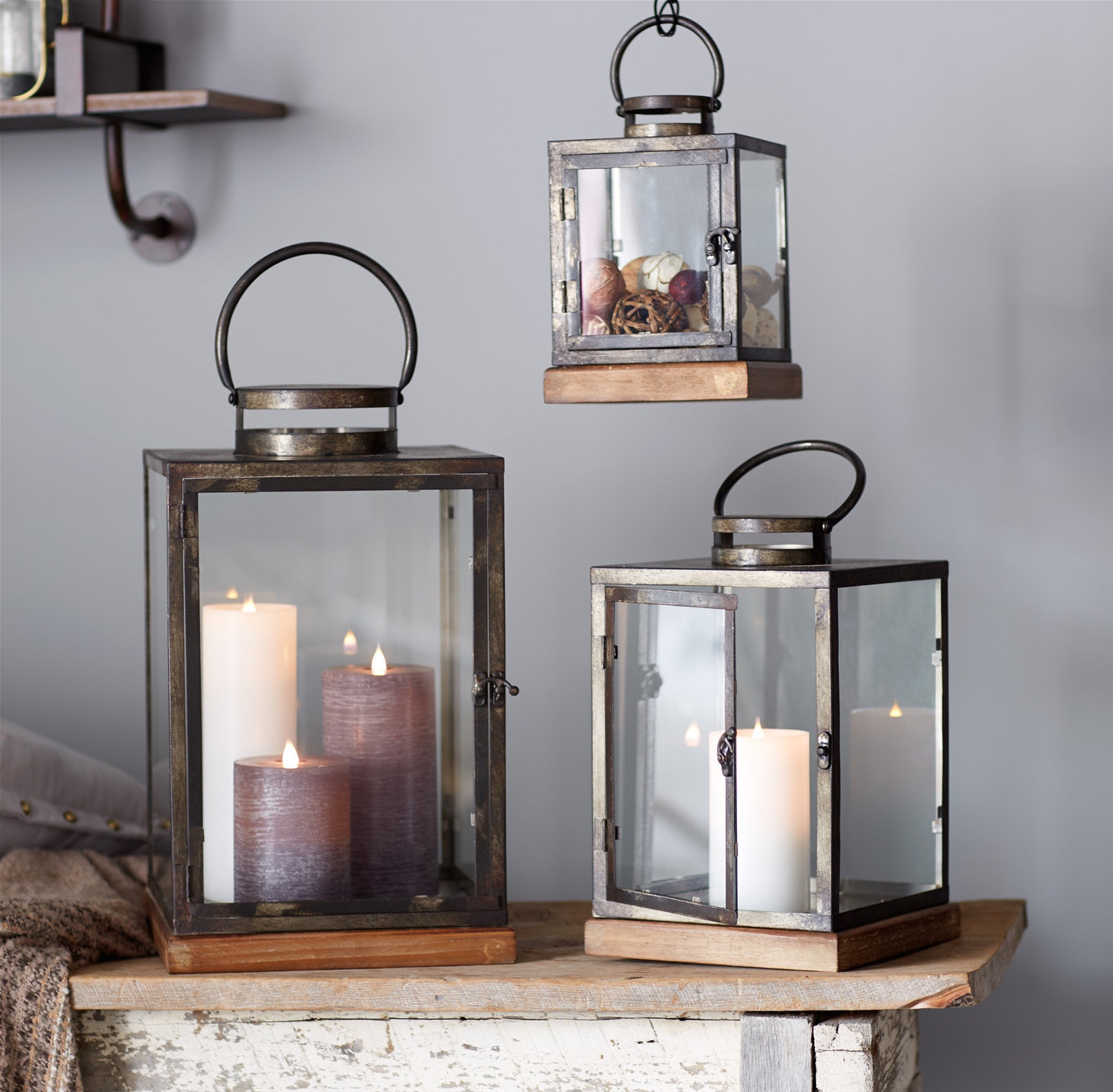 Metal Box Lantern with Wood Base Set of 3 SpadezStore