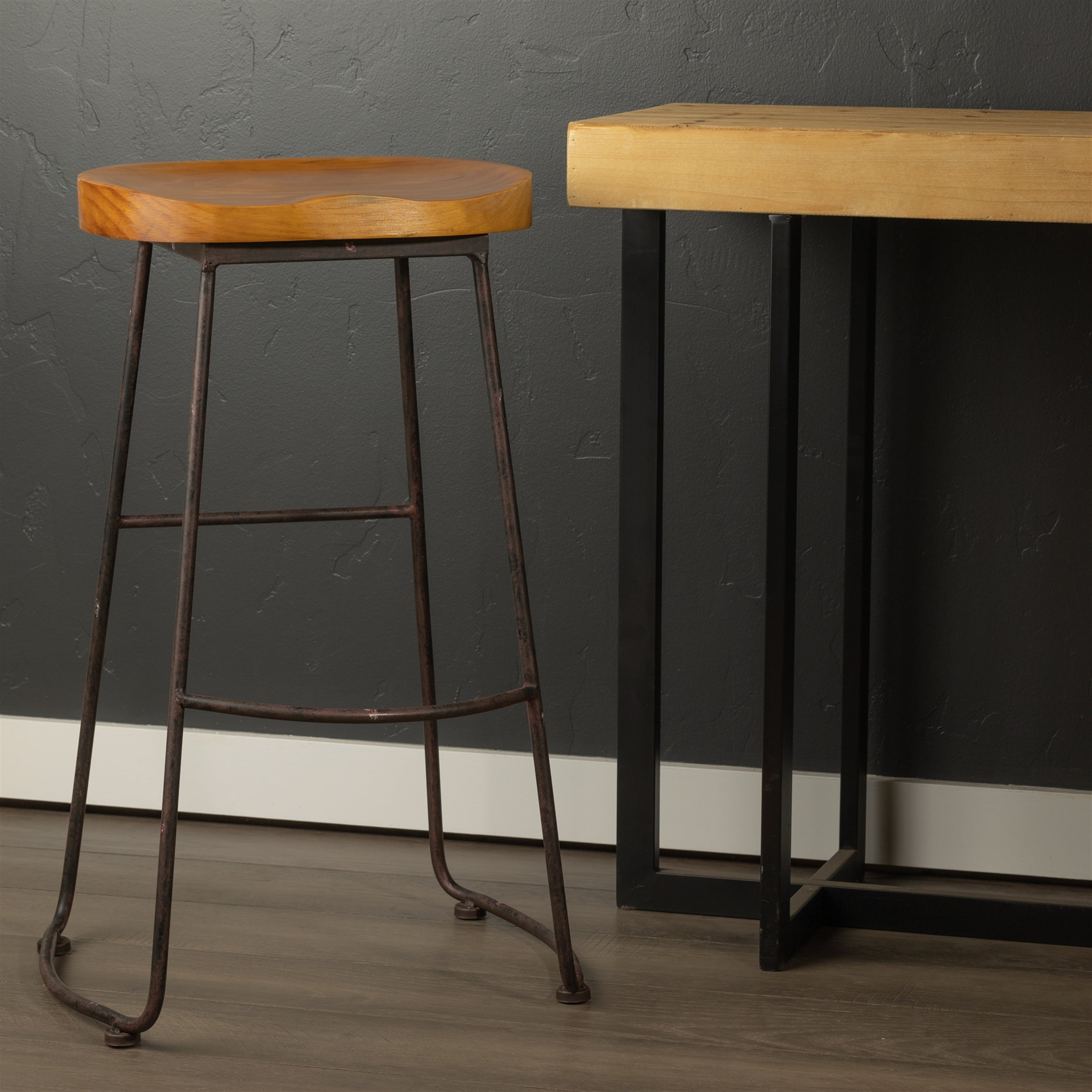 Industrial Wood Bucket Seat Stool - Thumbnail 2