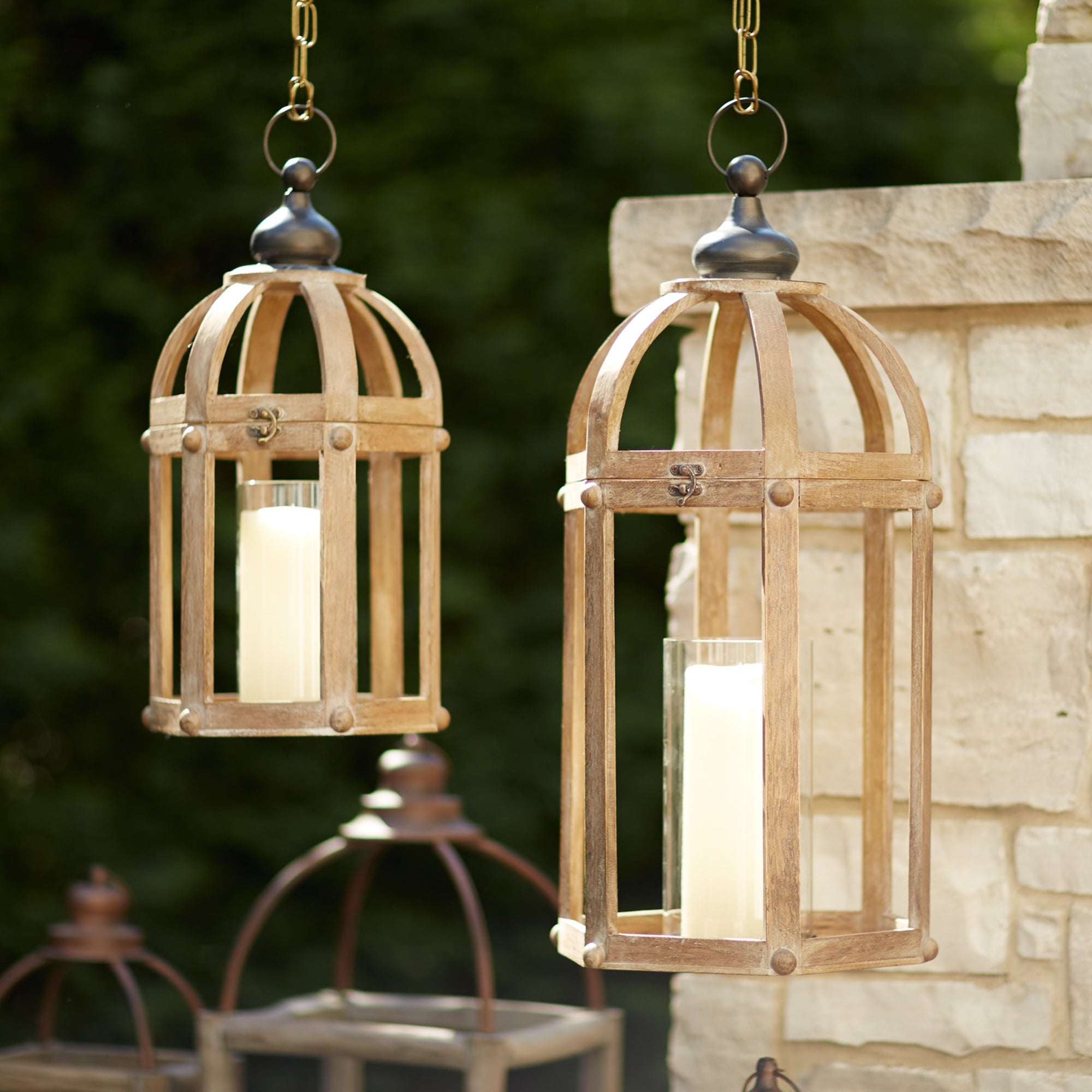 Open Wood Lantern with Glass Hurricane Set of 2 SpadezStore