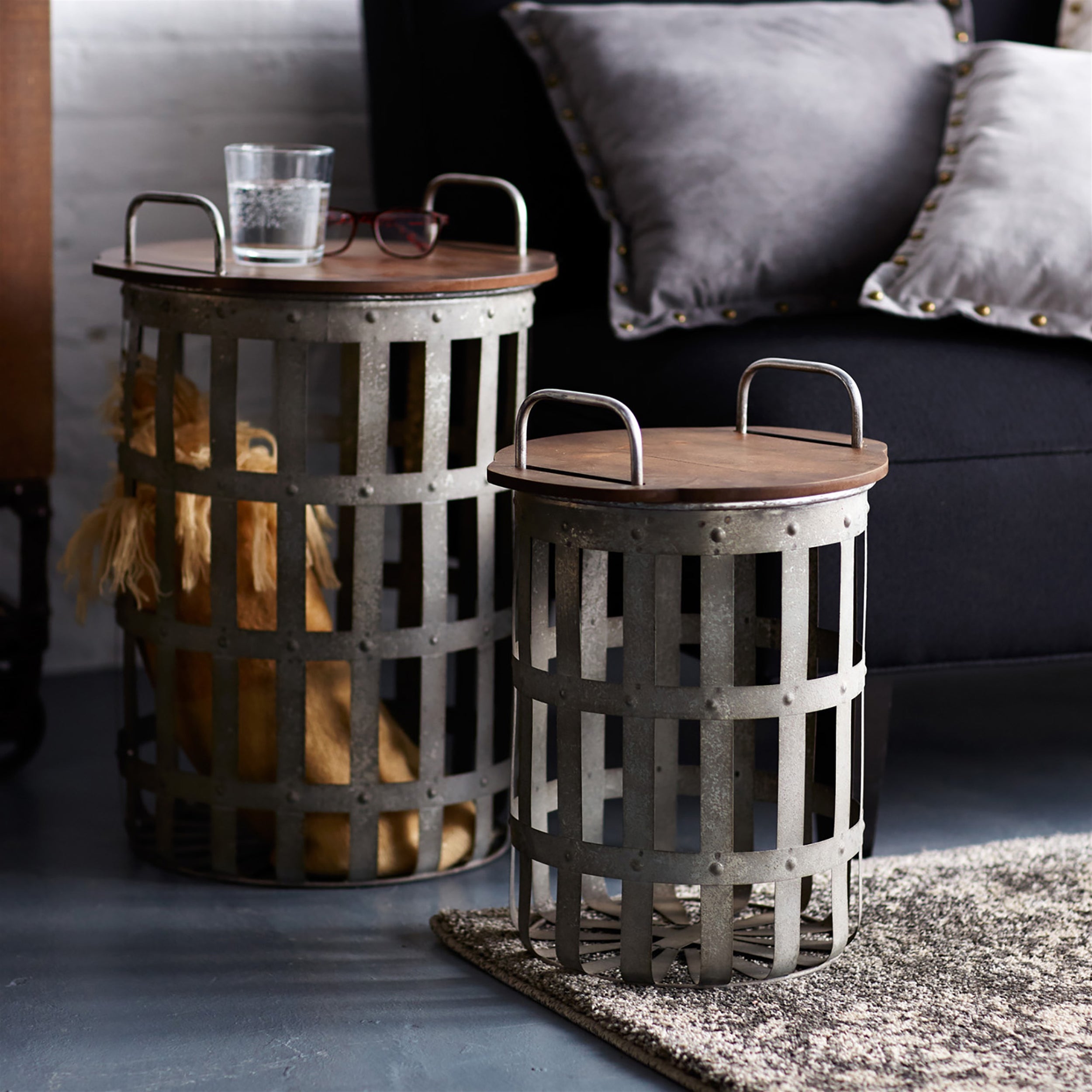 Metal and Wood Side Basket Tables Set of 2 SpadezStore