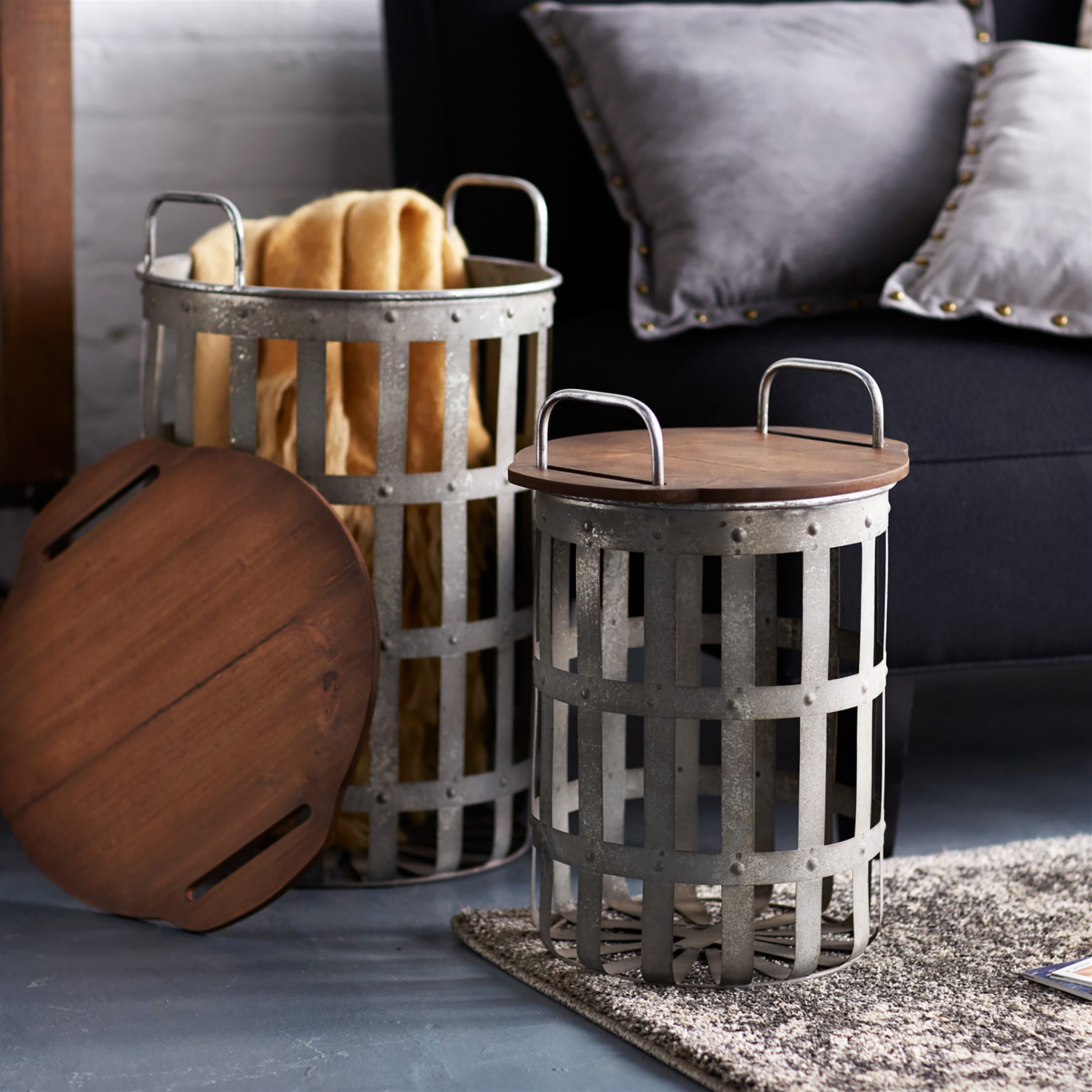 Metal and Wood Side Basket Tables (Set of 2) - Thumbnail 3