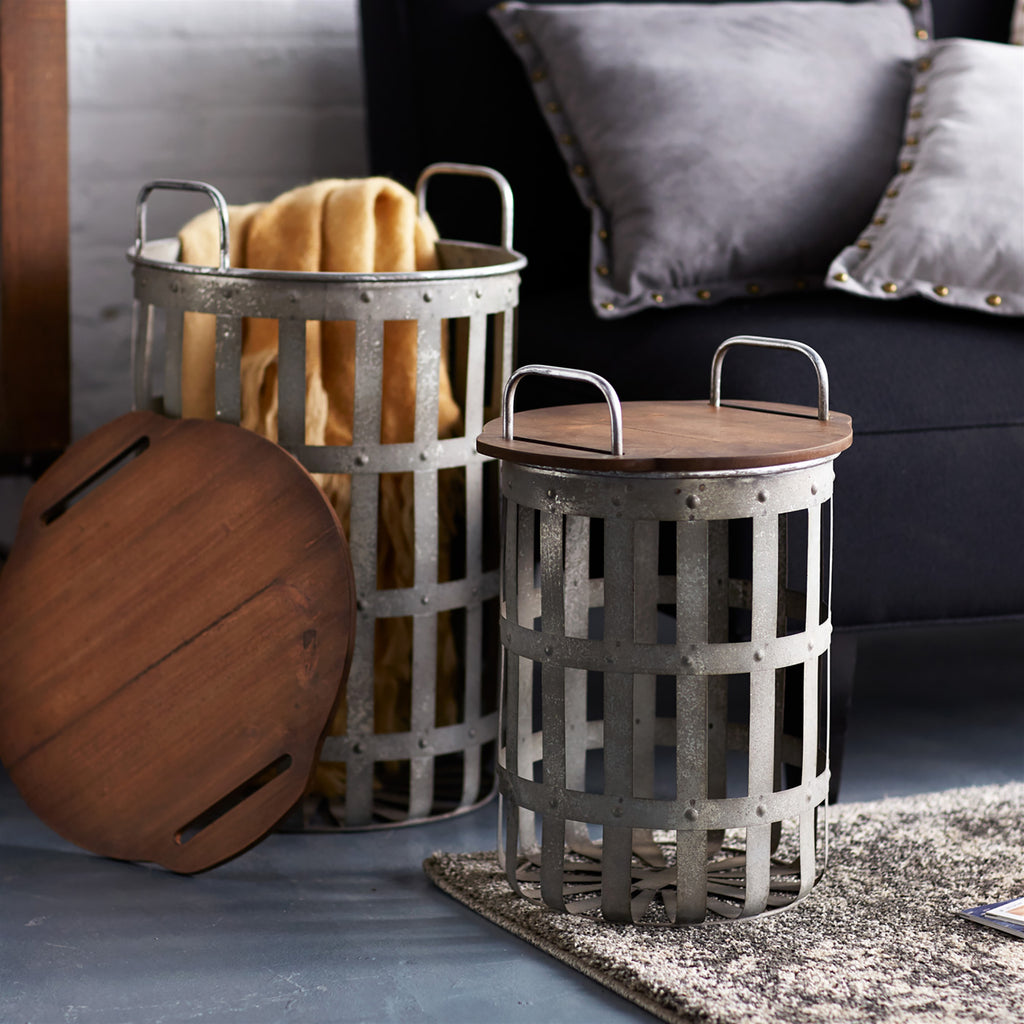 Metal and Wood Side Basket Tables Set of 2 SpadezStore