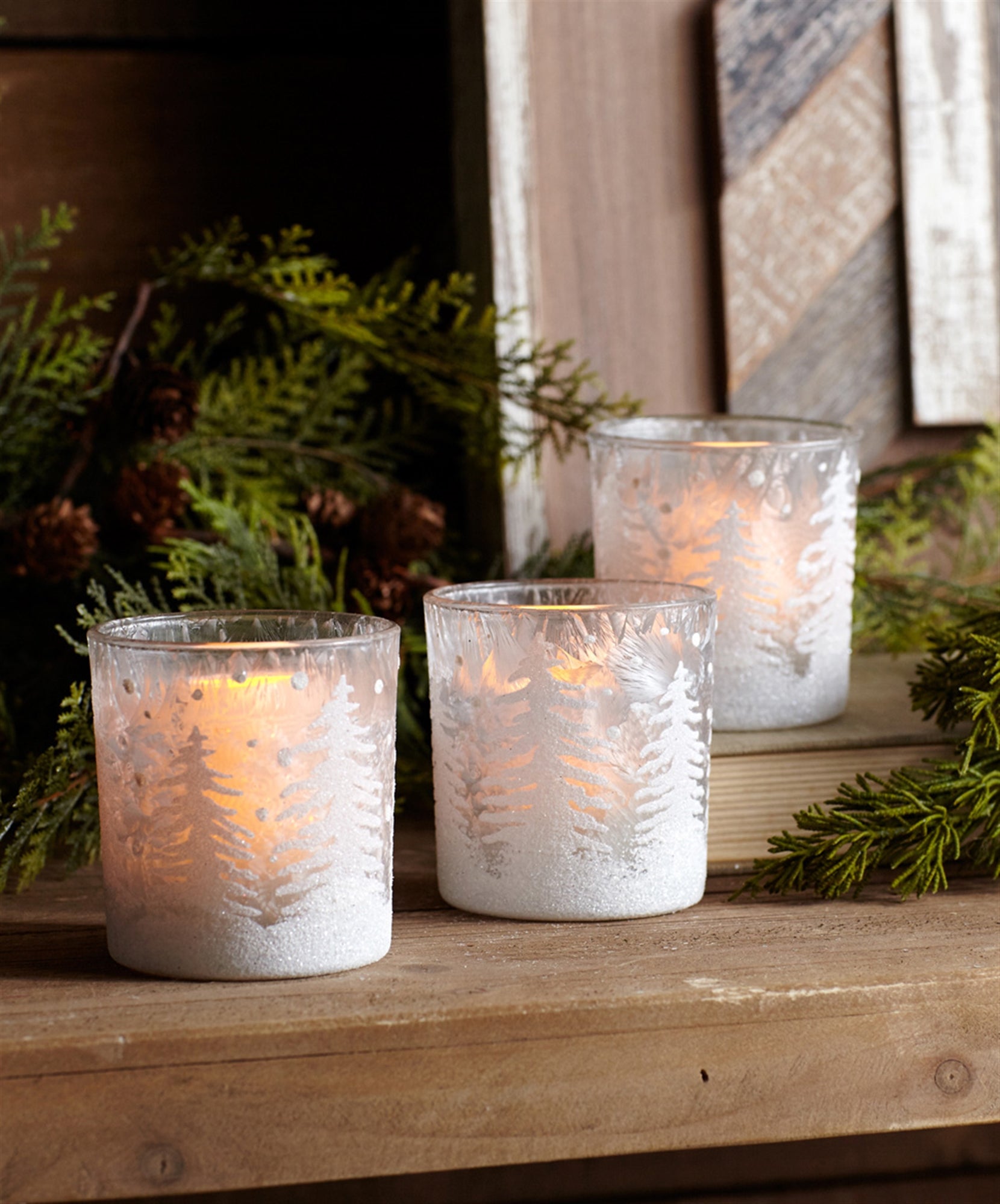 Frosted Votive Candle Holder with Snowy Forest Set of 12 SpadezStore