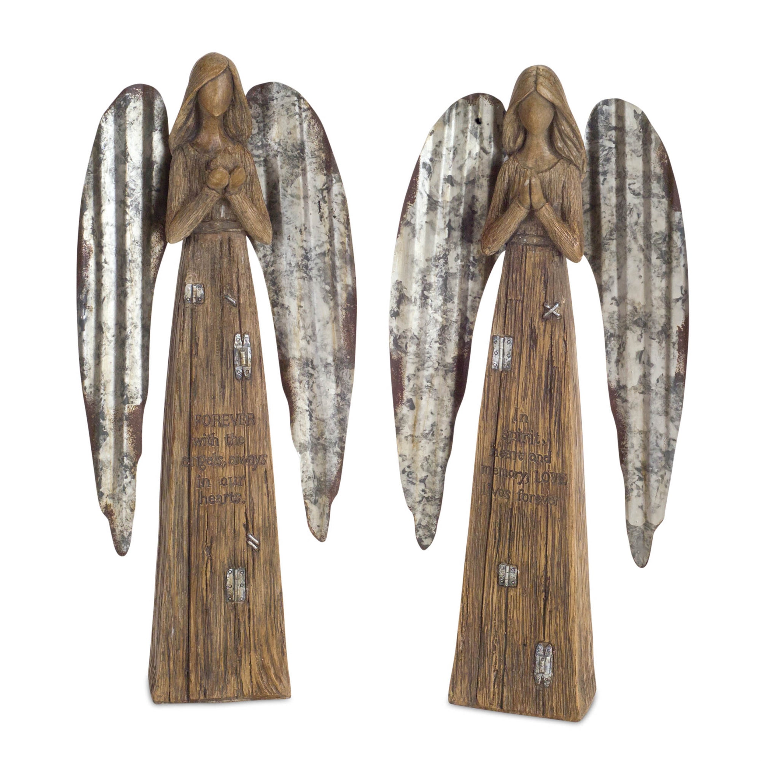 Rustic Wood Sentiment Angel with Galvanized Metal Wings Set of 2 SpadezStore