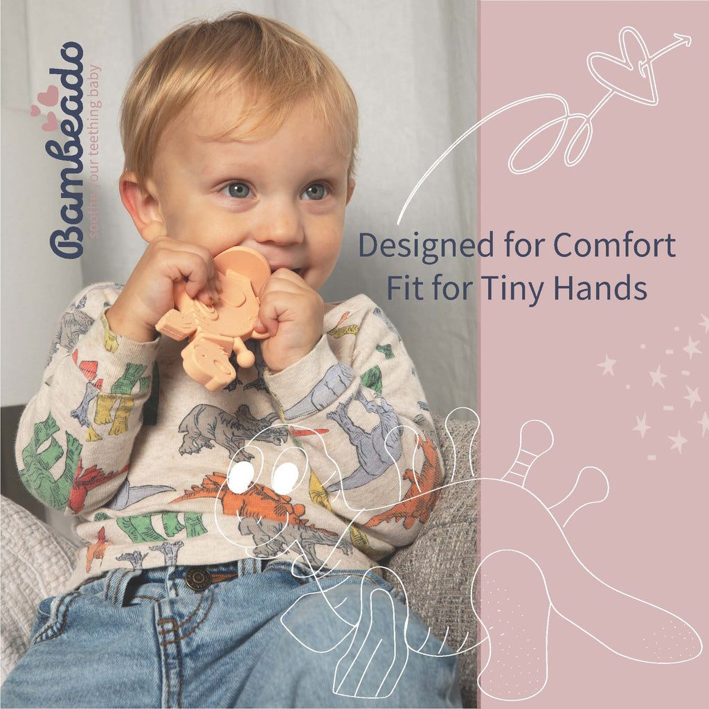 Bambeado Dibly - Pink - Baltic Amber & Natural Rubber Dinosaur Teether with Toothbrush Tail