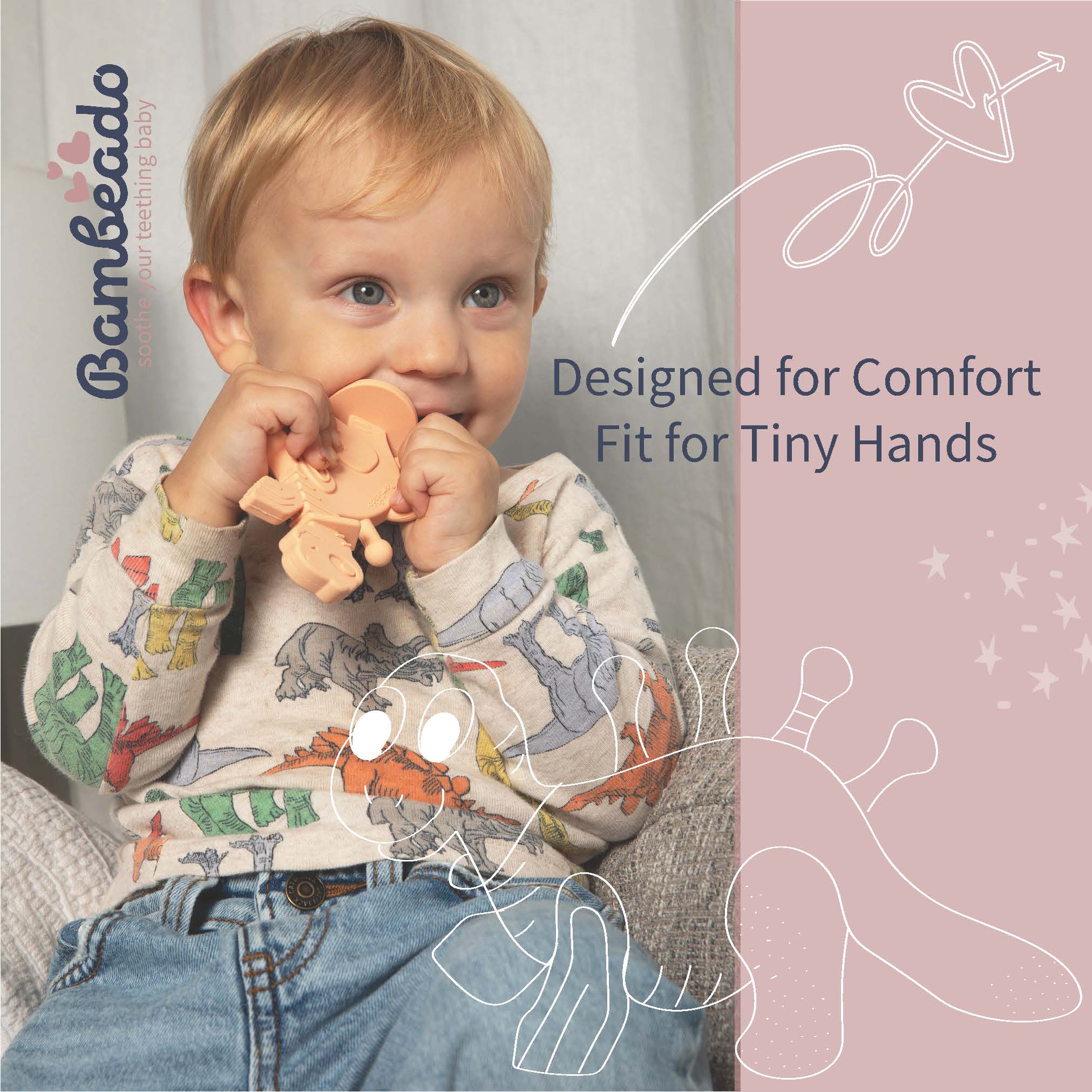 Bambeado Dibly - Pink - Baltic Amber & Natural Rubber Dinosaur Teether with Toothbrush Tail