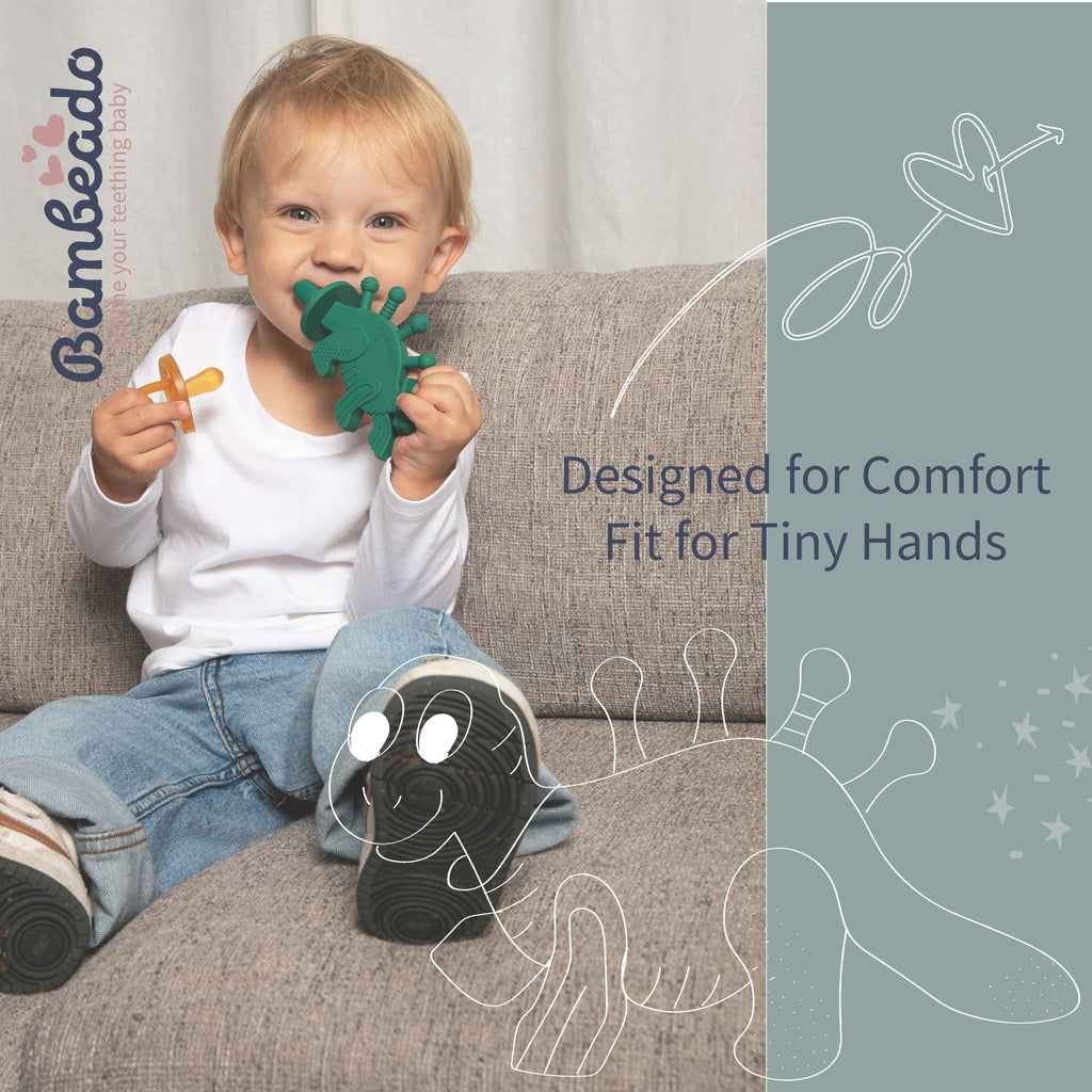 Bambeado Dibly - Green - Baltic Amber & Natural Rubber Dinosaur Teether with Toothbrush Tail