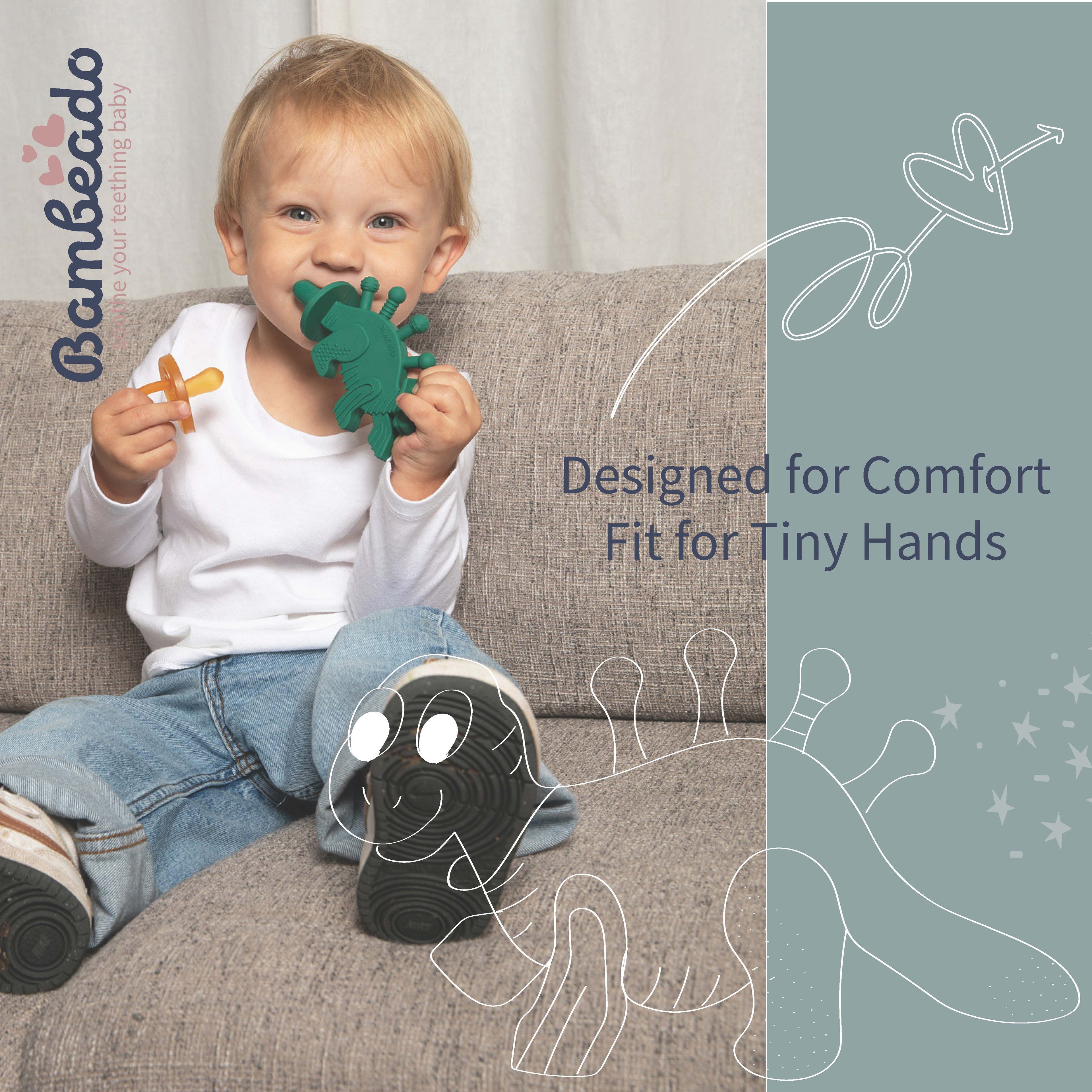 Bambeado Dibly - Green - Baltic Amber & Natural Rubber Dinosaur Teether with Toothbrush Tail