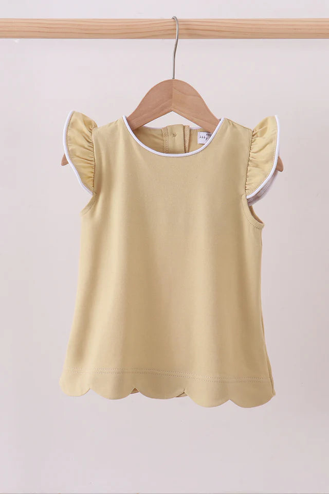 Abby & Evie Premium Khaki Flutter Sleeve Scalloped Top 700909 SpadezStore