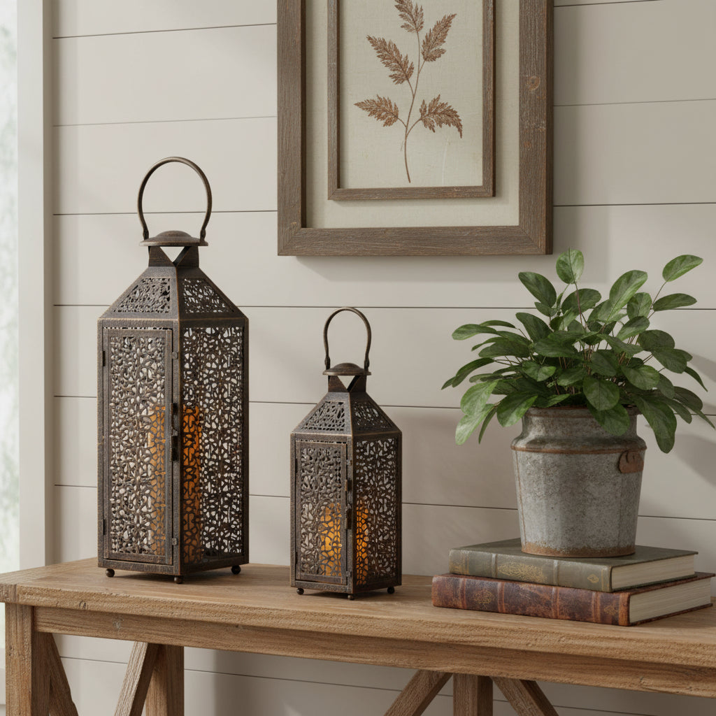 Set of Two Black Filigree Metal Tabletop Lantern Candle Holders