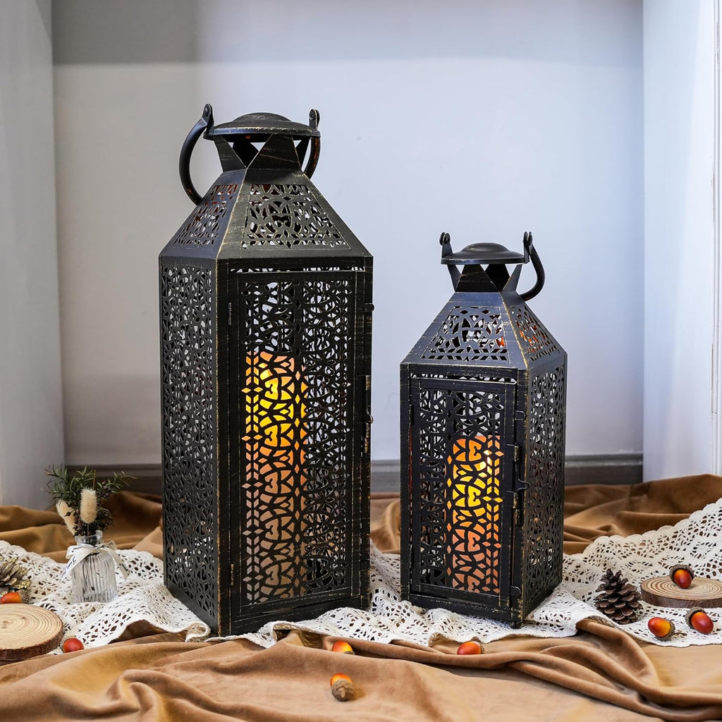 Set of Two Black Filigree Metal Tabletop Lantern Candle Holders