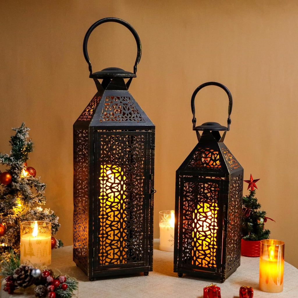 Set of Two Black Filigree Metal Tabletop Lantern Candle Holders