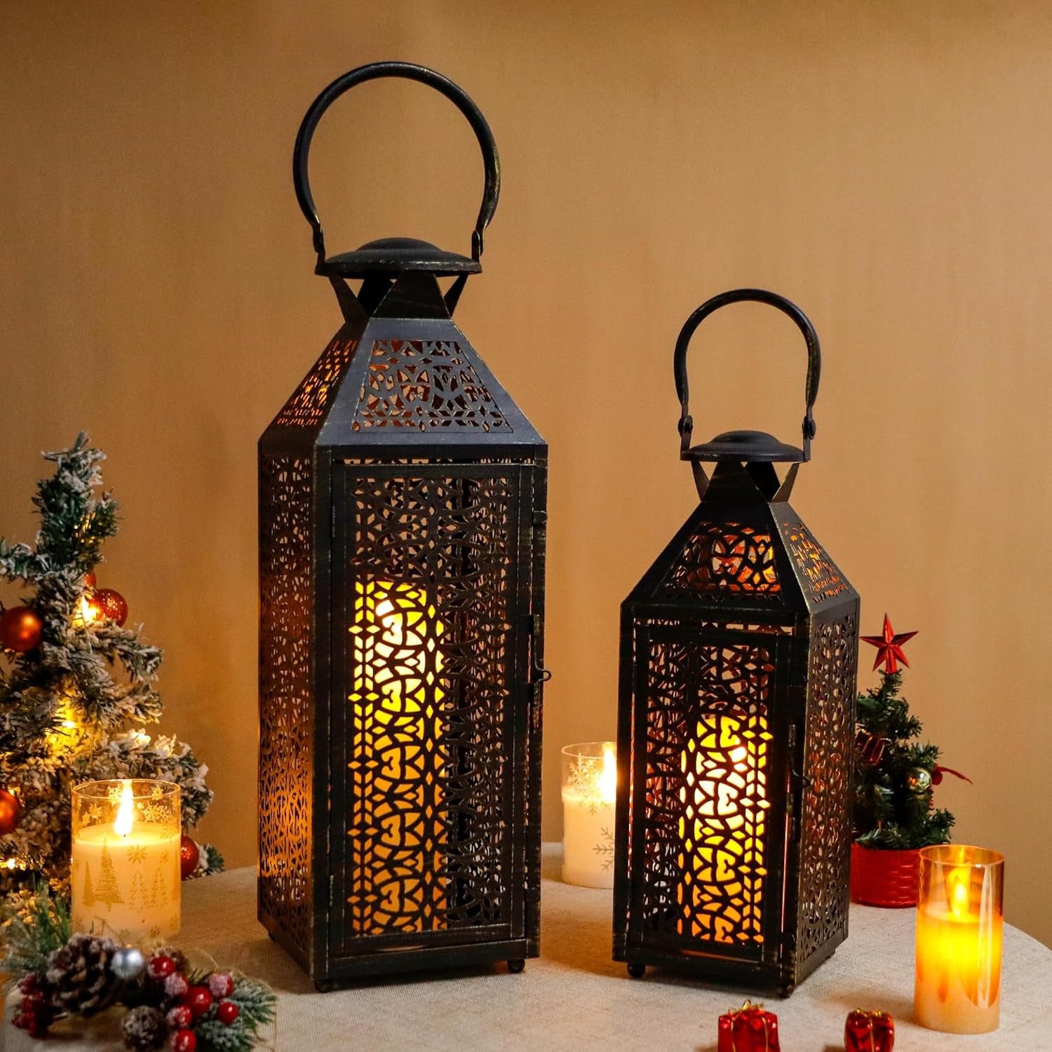 Set of Two Black Filigree Metal Tabletop Lantern Candle Holders
