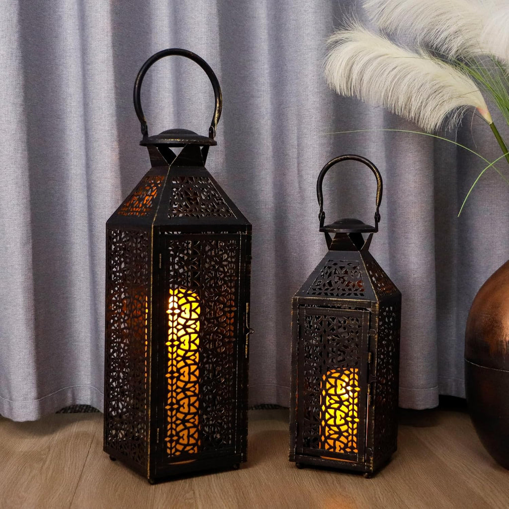 Set of Two Black Filigree Metal Tabletop Lantern Candle Holders