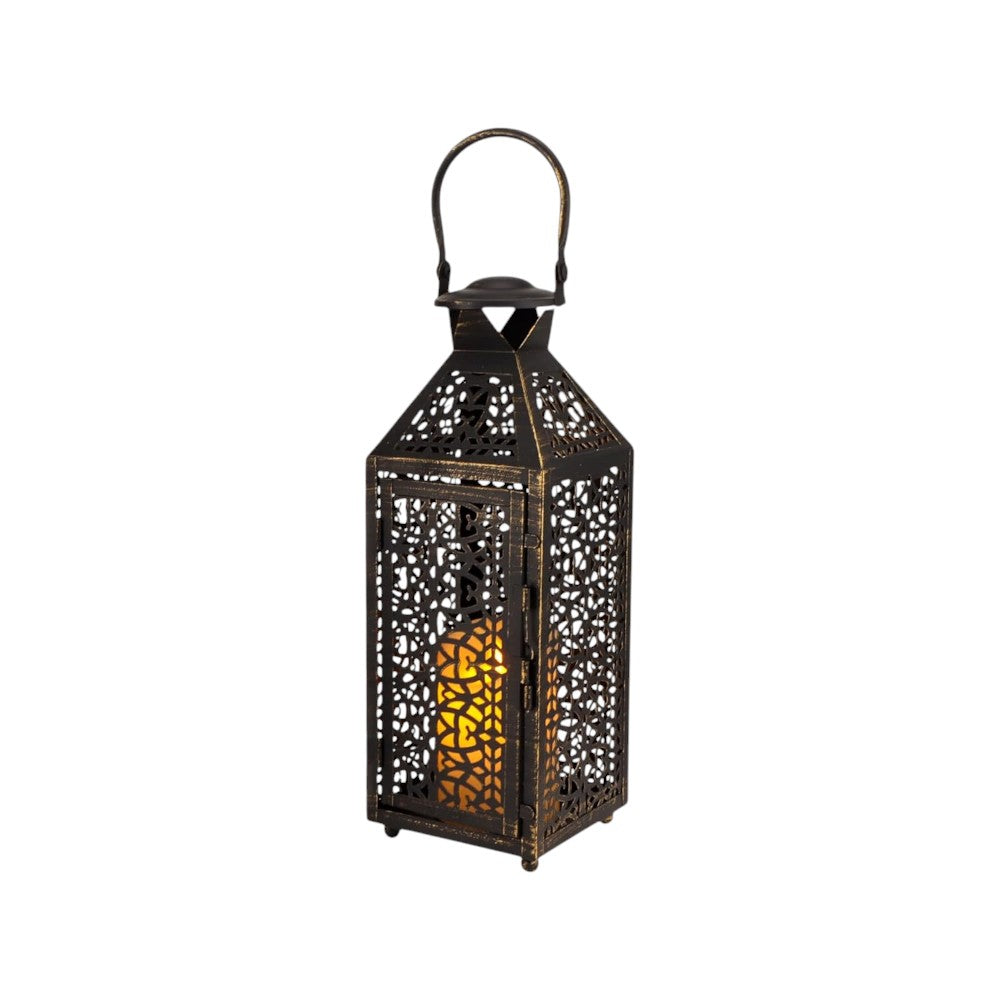 Set of Two Black Filigree Metal Tabletop Lantern Candle Holders