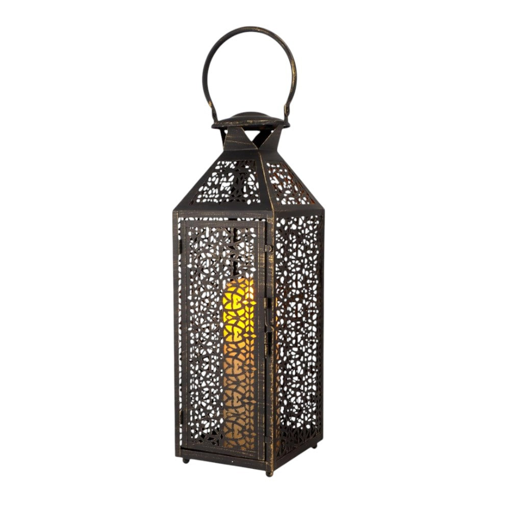 Set of Two Black Filigree Metal Tabletop Lantern Candle Holders